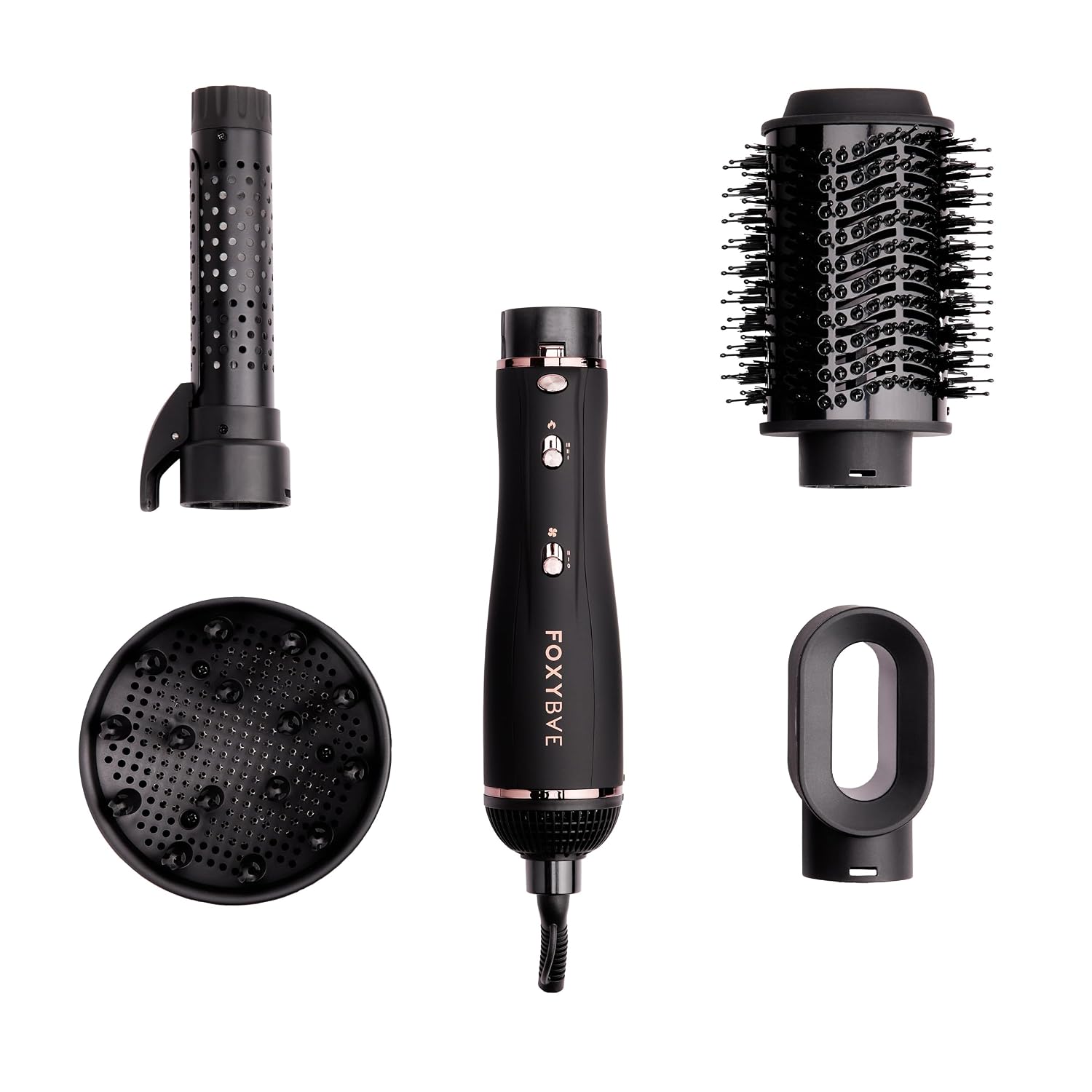 FoxyBae Mini Travel Hair Dryer - Compact Hairdryer w/Concentrator - Dual Voltage Ceramic Tourmaline Portable Hair Dryer - Professional Salon Grade Blow Dry for Women, Men & Kids [Black – Rose Gold]
