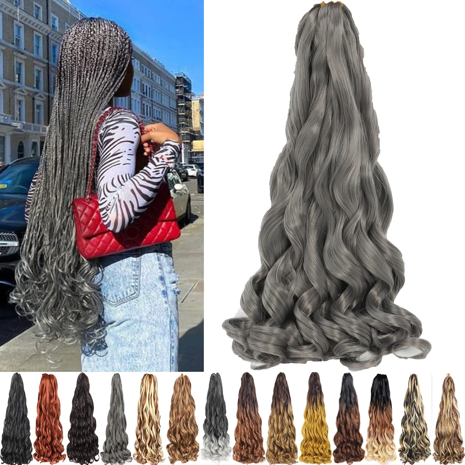 French Curly Braiding Hair 24 inch 8 Packs Grey Ombre Loose Wave Crochet Hair Pre Stretched Bouncy Yaki Braiding Hair French Curl Braids Synthetic Hair Extensions (24inch(Pack of 8), T silver gray)