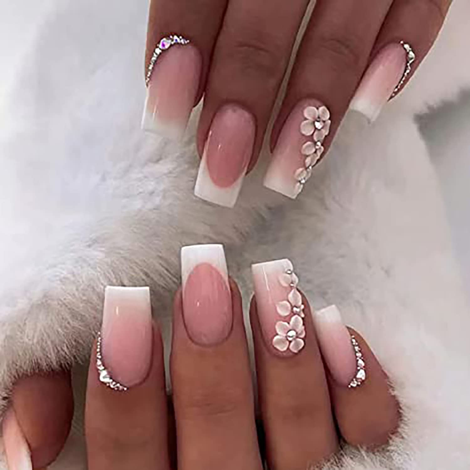 French Tips Press on Nails Medium Square Flower Fake Nails with Rhinestones Design Nude Pink False Nails Acrylic Nails Glossy French Tips Full Cover Glue on Nails Stick on Nails for Women and Girls