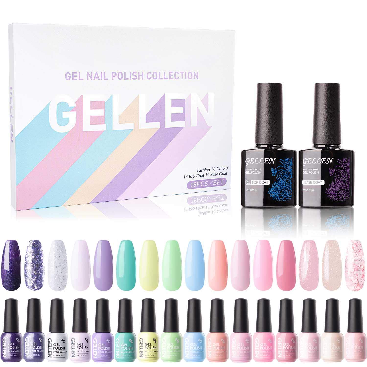 Gellen Gel Nail Polish Kit - 16 Colors Gel Polish Set Top&Base Coats, Nude Pastels Glitters Nail Gel Polish Home Manicre Kit