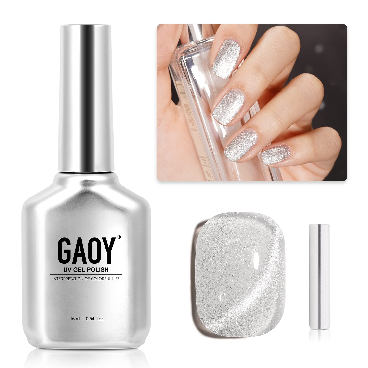 Glitter Crystal Cat Eye Gel Nail Polish, Silver-Black UV Light Color Changing Gel Polish, Holographic Galaxy Reflective Magnetic Nail Gel Soak Off UV/LED Lamp for Nail Art Home Salon Gifts
