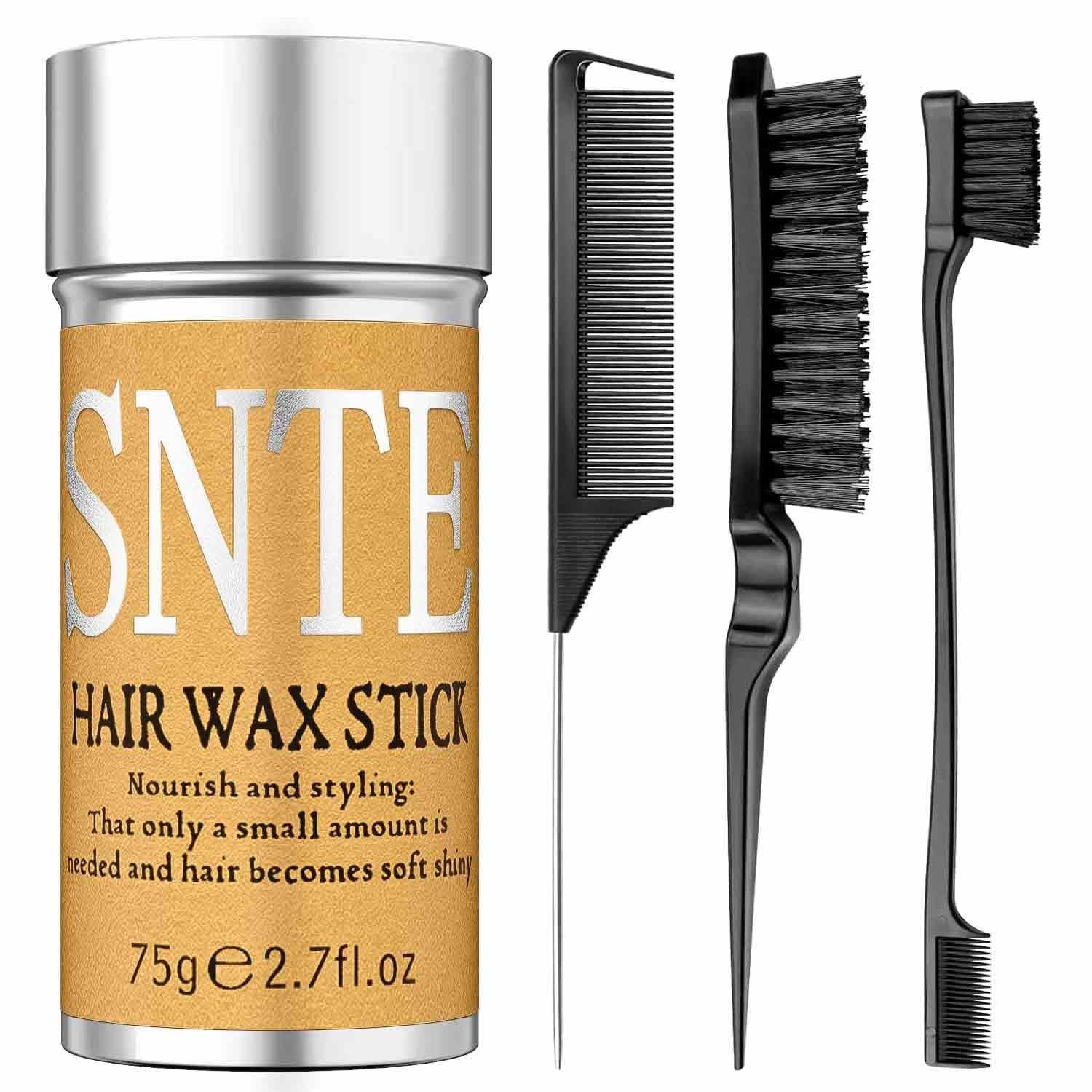 Hair Wax Stick, Edges Brush, Rat Tail Comb, Bristle Brush Set 4Pcs, Wax Stick for Hair & Wig Flyaways, Slick Back Hair Brush for Smooth Hair & Baby Hair Edge Control & Tame Frizz
