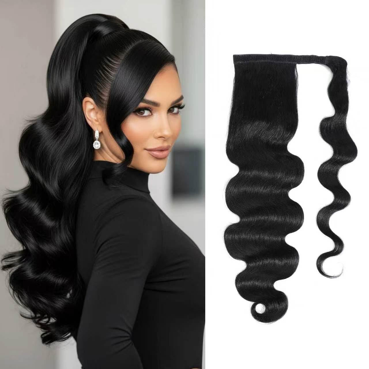 Hair wrap ponytail made with human hair.