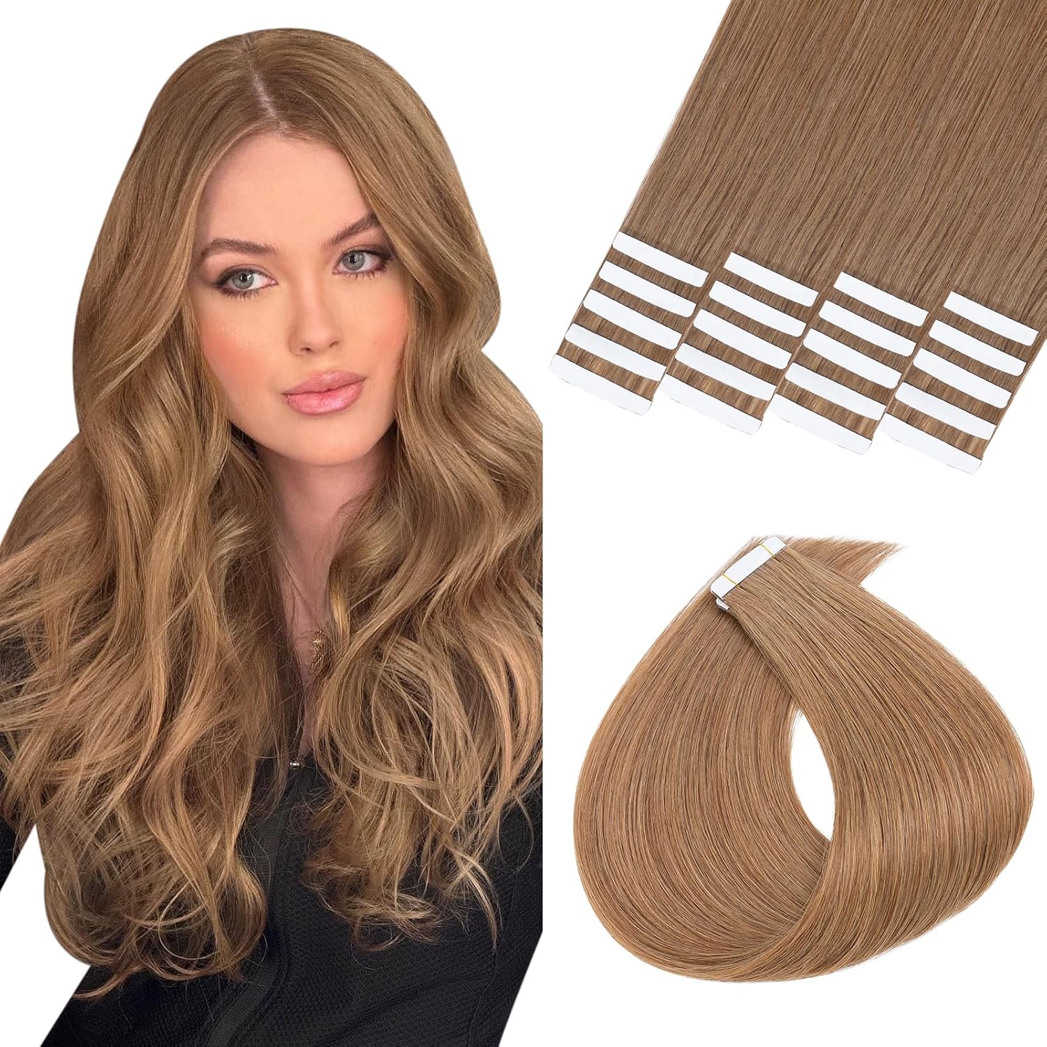 Hairro Remy Tape in Hair Extensions 16 Inch 20 Piece 50g Wavy Human Hair Body Wave Ash Blonde Mix Bleach Blonde