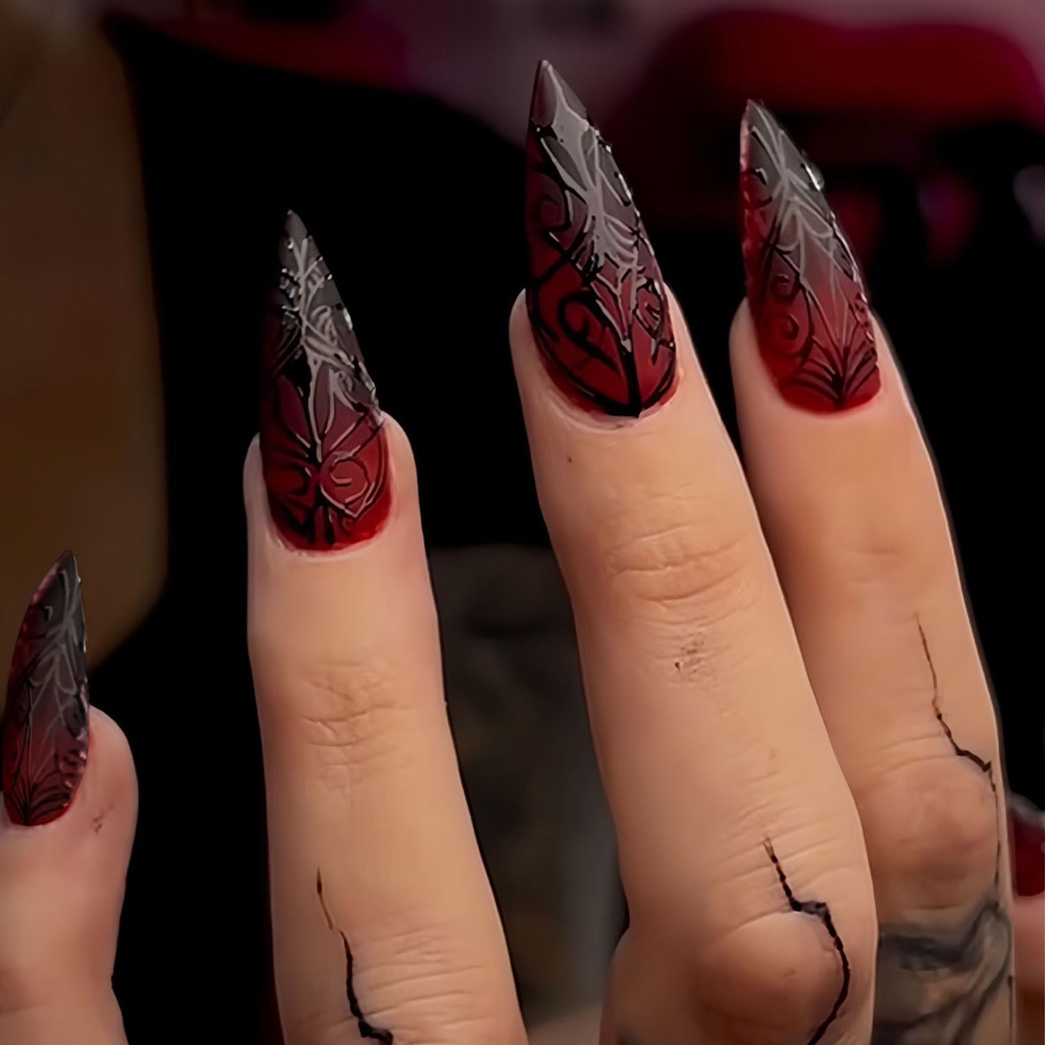 Halloween Press on Nails Almond Shaped Black Pink Stiletto Fake Nails with Skeleton Pumpkin Flower Pattern Glue on Nails Glossy Acrylic Artificial Nails Reusable 24 PCS for Women and Girls