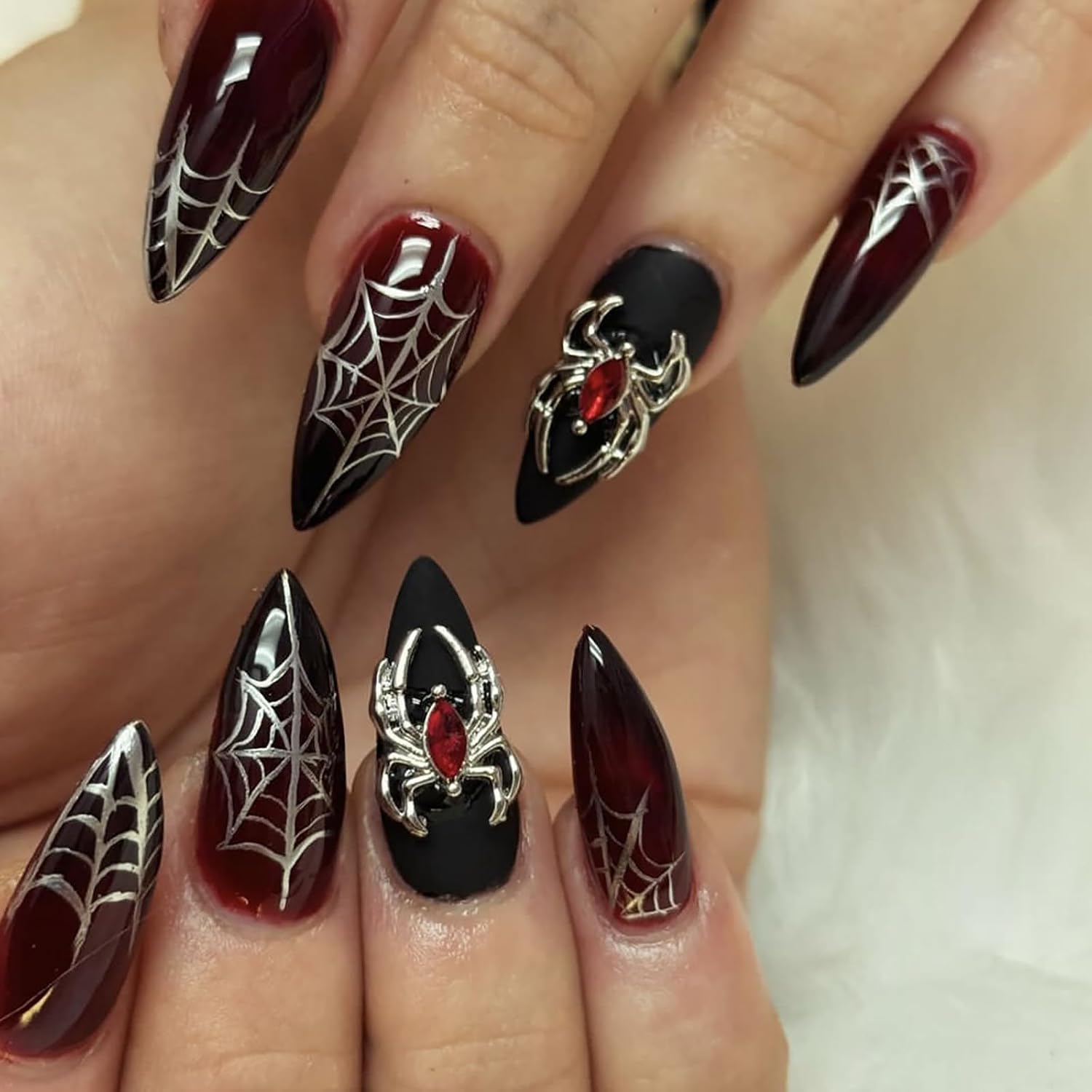 Halloween Press on Nails Medium Almond MABKJLF Spider Charms Fake Nails Red Gradient False Nails with Spider Web Designs Black Matte Acrylic Nails Glossy Glue on Nails for Women Girls 24 Pcs