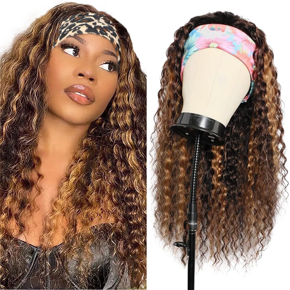 Highlight Honey Blonde Headband Wig Human Hair Brazilain Virgin Hair 26 Inch #1B/27 Headband Wig Blonde Glueless None Lace Front Wig Machine Made Deep Wave Wig 150% Density