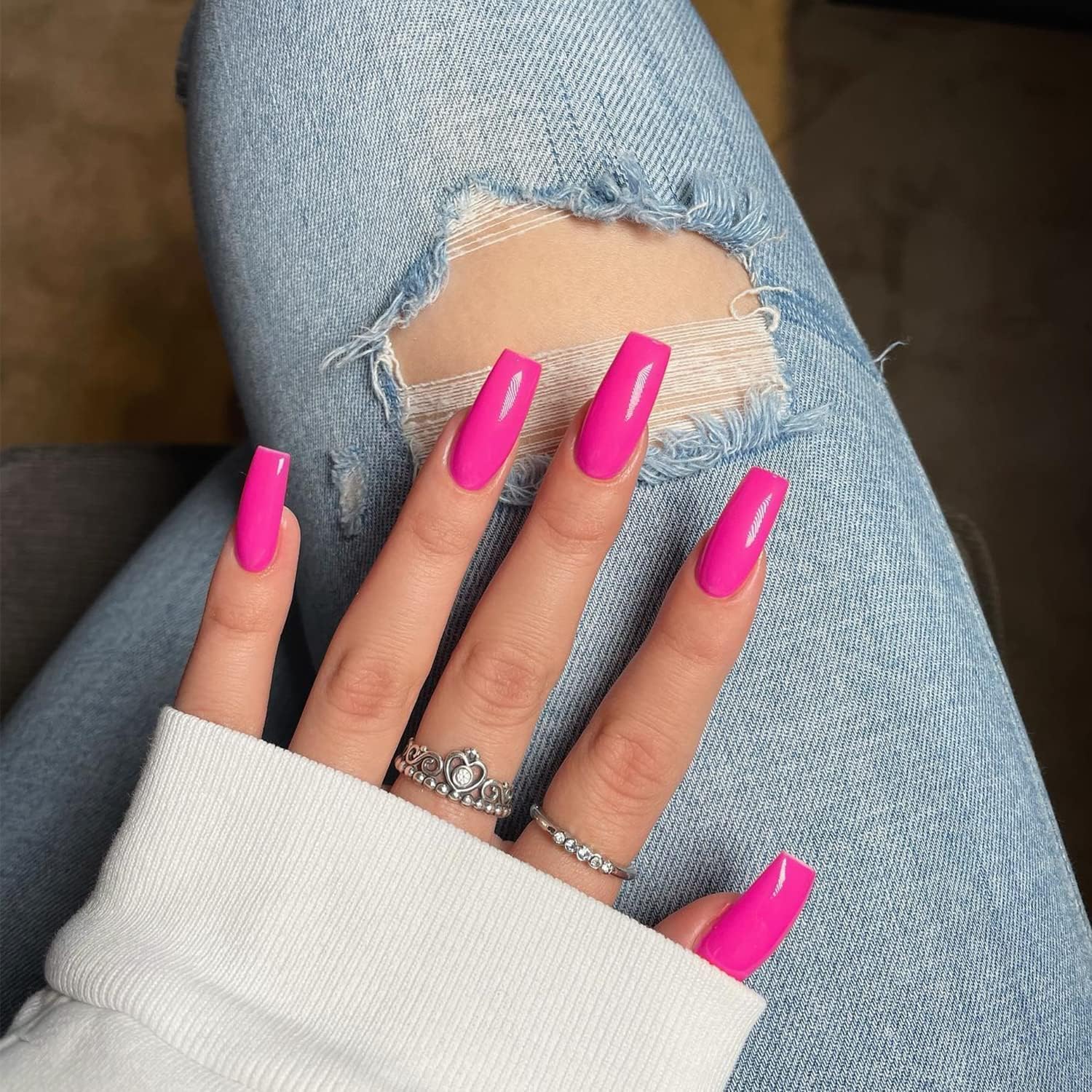 Hot Pink Medium Long Square Press On Nails - Xcreando Acrylic Coffin Style