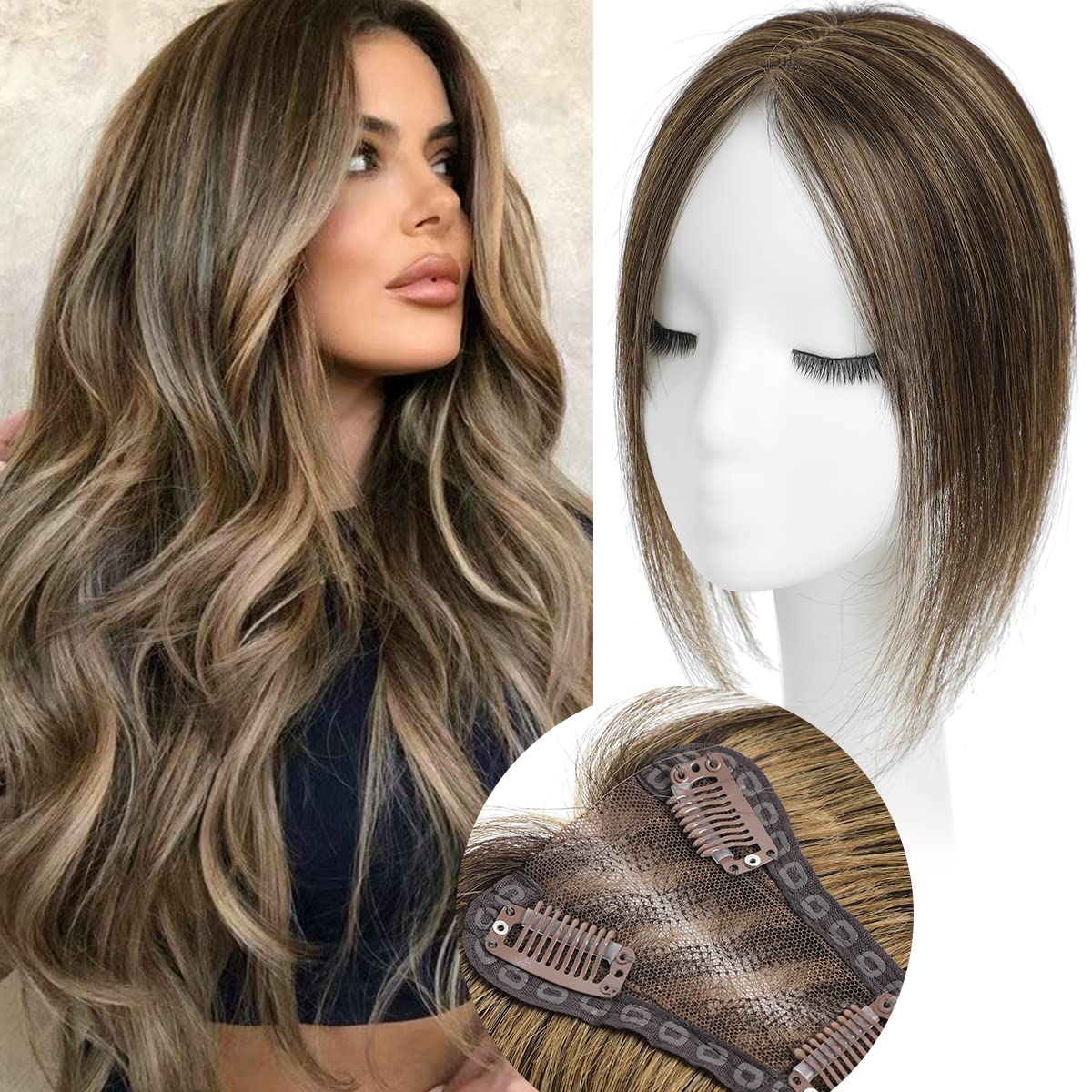 Human Hair Topper for Women No Bangs Large Base Clip in Real Hair Topper Hair Pieces for Thinning Hair Cover Grey Hair 10 inch Dark Brown