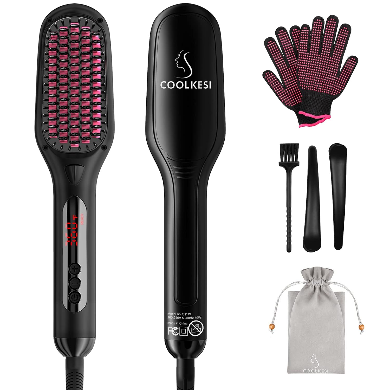 Ionic Hair Straightener Brush, Hot Comb Hair Straightener with Anti-Scald for Women & Men, 30s Fast Ceramic Heating, 6 Heat Levels, Temperature Lock/Auto-off, Frizz-Free, Portable