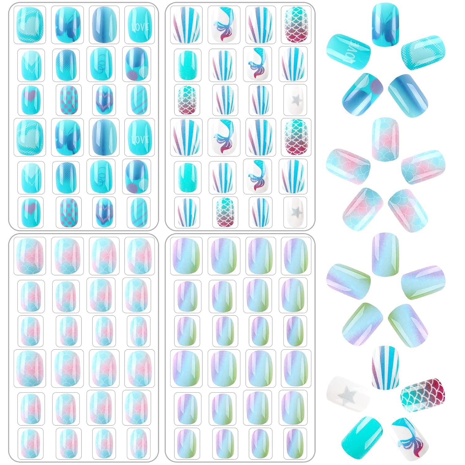 JANYUN 96 Pcs Kids False Nail Press on Nails Kids Full Cover Short False Nails Children Nail Tips Lovely Gift for Kids Little Girls Nail Art Decoration (Blue Theme)