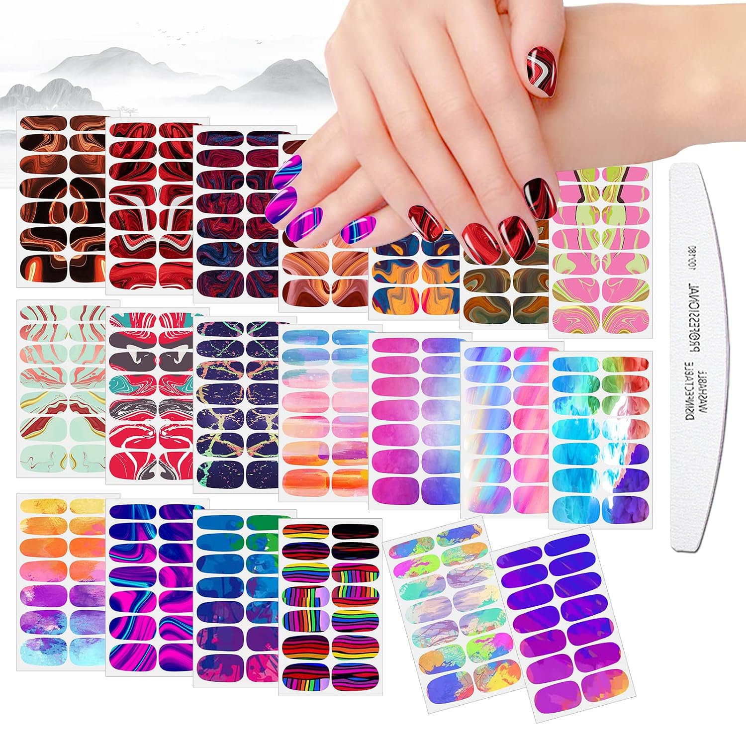 JERCLITY 280 Pieces 20 Sheets Full Wrap Marble Nail Polish Strips Aurora Gradient Color Nail Stickers Full Nail Wraps Real Nail Polish Stickers Self-Adhesive Nail Strips with Nail File for Women