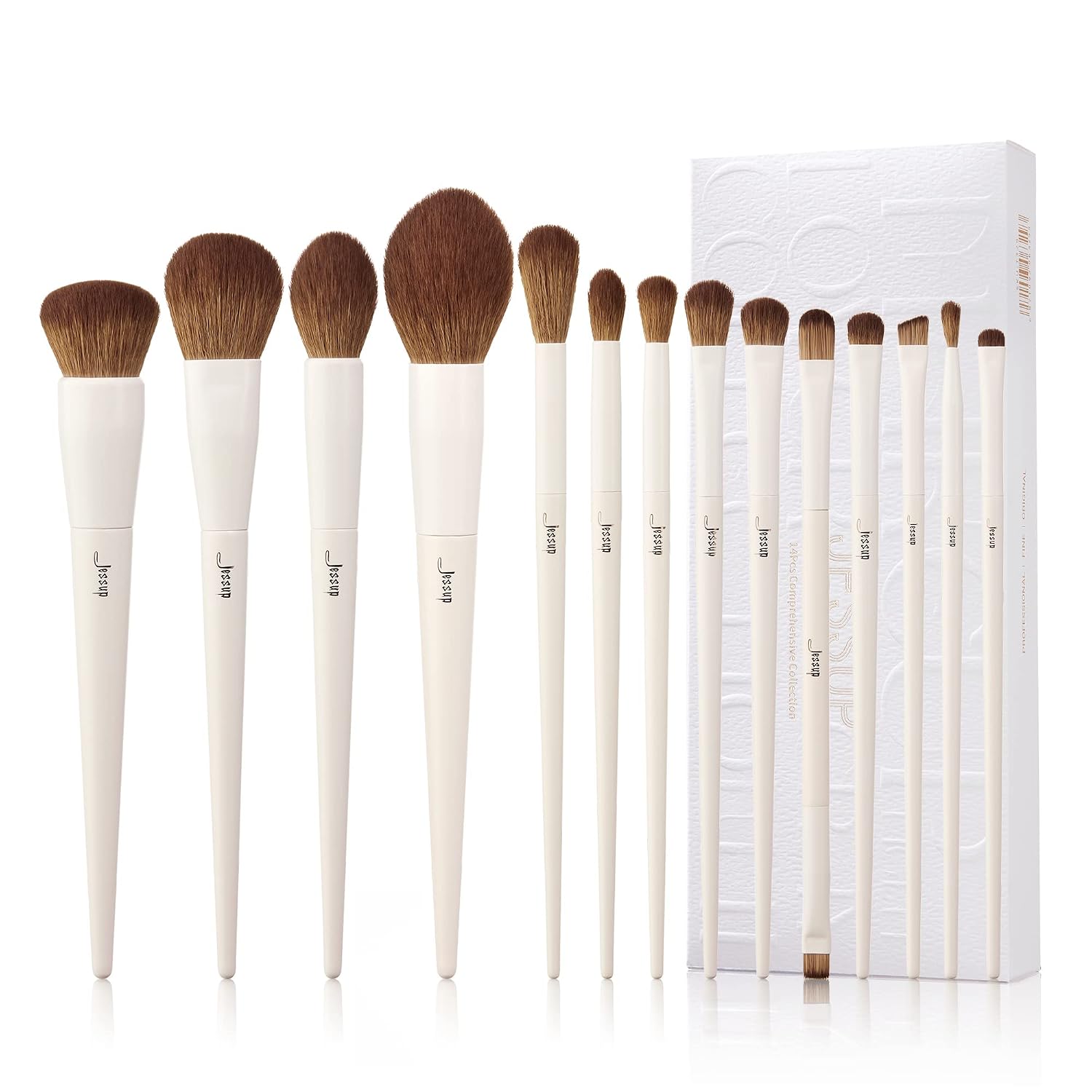 Jessup Makeup Brushes 14Pcs Makeup Brush Set Premium Synthetic Powder Foundation Contour Blush Concealer Eye Shadow Blending Liner Make Up Brush Kit Light Grey with Gift Box, T329-G