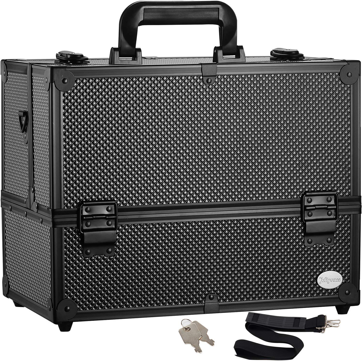 Joligrace 14 Inch Large Black Makeup Train Case with Adjustable 6 Trays and Lock