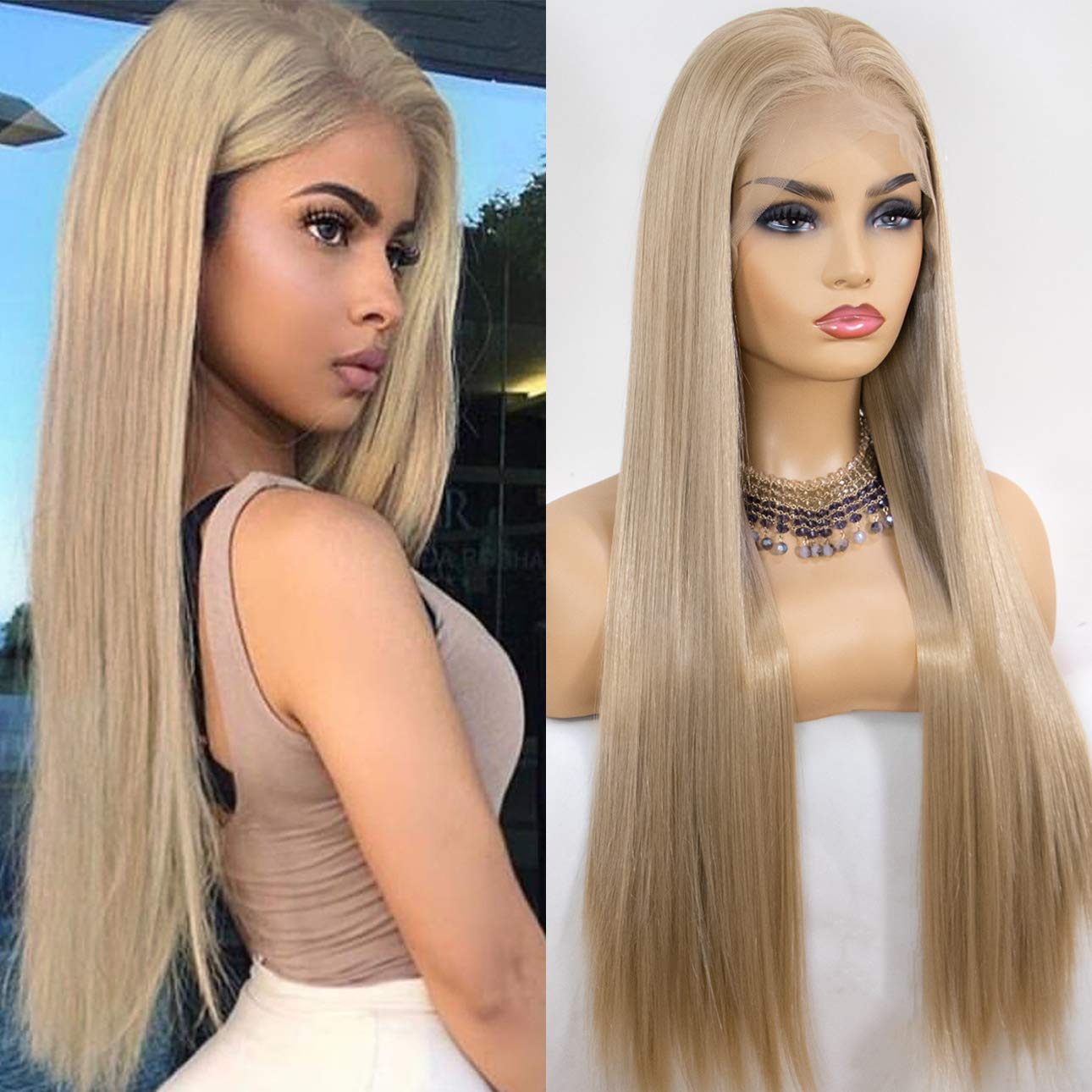 K'ryssma Blonde 13x6 Lace Front Wig Long Bone Straight Synthetic Lace Front Wig Pre Plucked for Women Glueless Ombre Highlight Brown Honey Blonde 13x6 Lace Frontal Wig 24 Inches