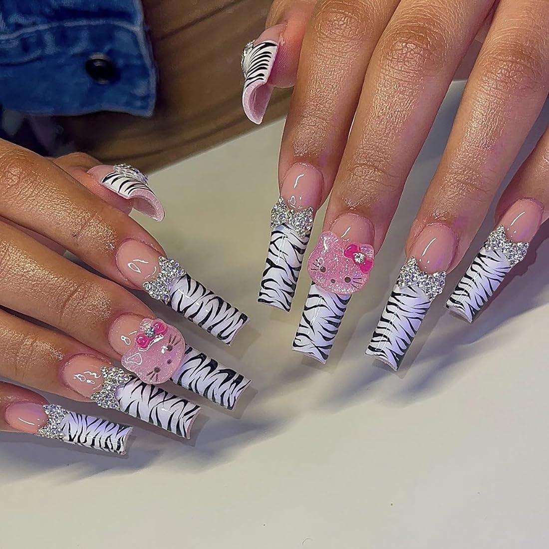 Leopard Print Press on Nails Cute Fake Nails with Charms Long Coffin Nails Supply Full Cover False Nails for Women and Girls 24 Pcs Coffin Nails Press on Nails Leopard Print Fake Nails