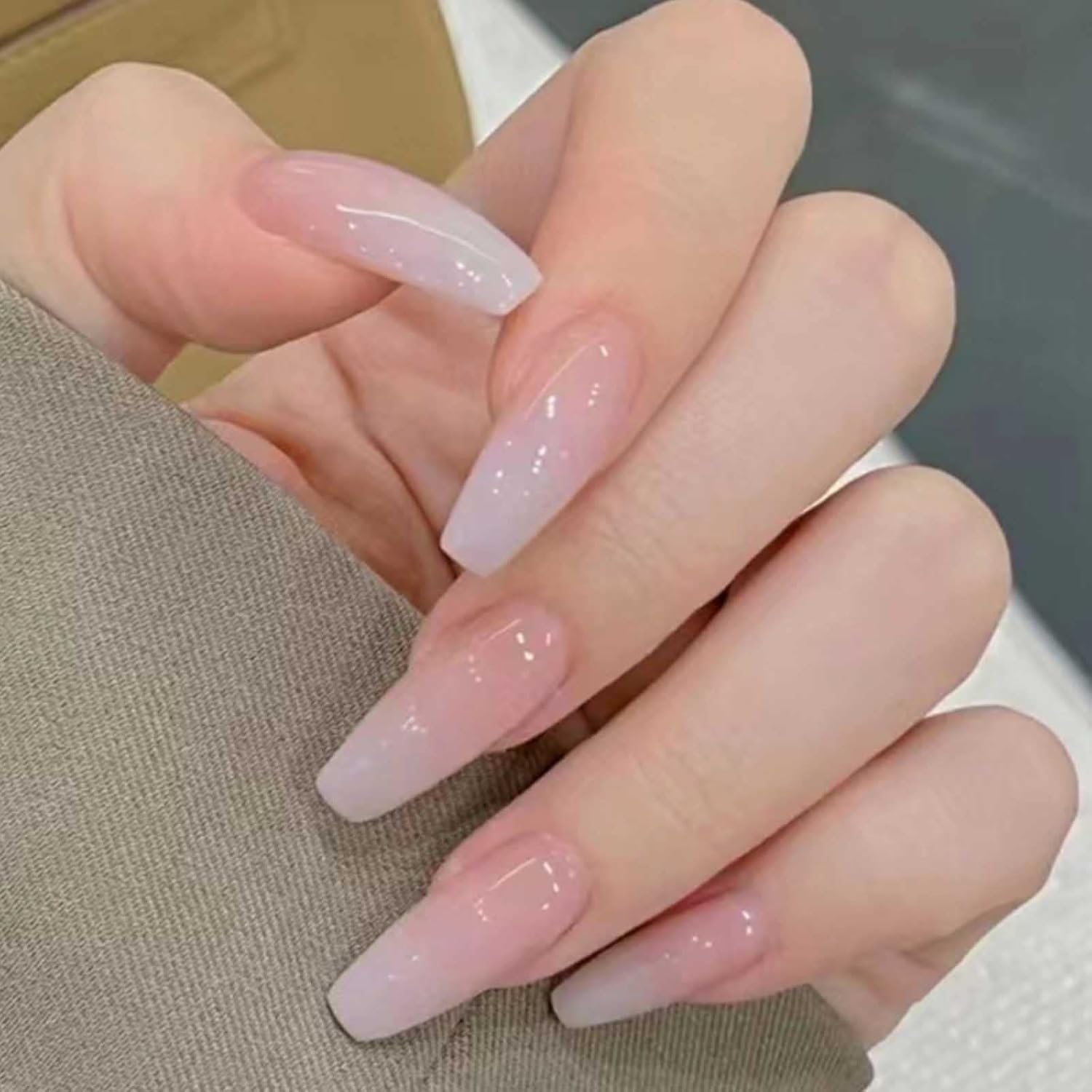 Long Press on Nails Square French Fake Nails Full Cover Nude Acrylic False Nails for Women and Girls 24PCS (Pink Square)