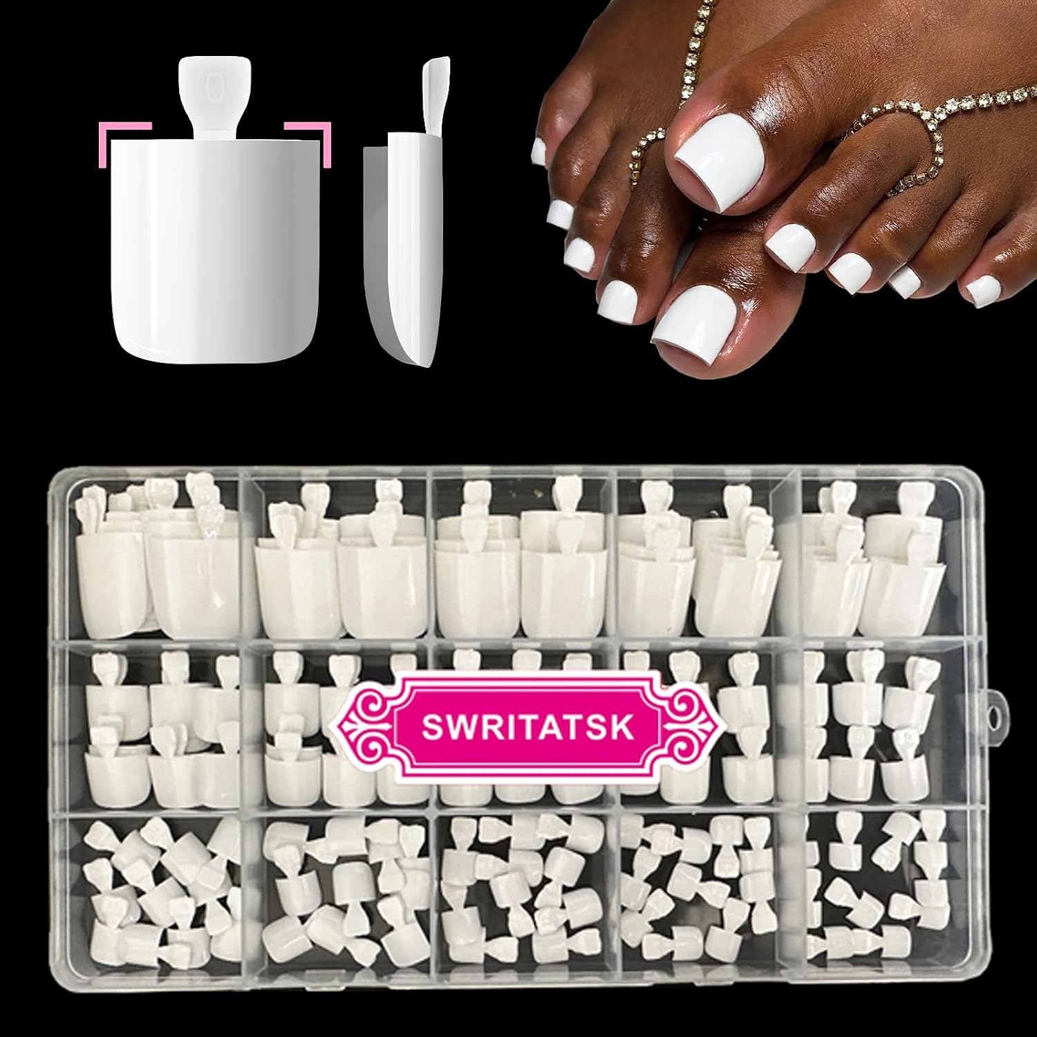 Metallic Mirror Effect Press On Toenails-Pearl,White Press On Toenails,Short Acrylic acrylic Fake Toenails Square,Full Cover Glossy Reusable False Toenails for Women & Girls 24pcs