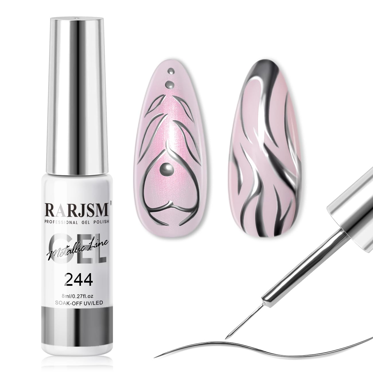 Metallic Silver 3D Glitter Nail Art Gel Polish, 8ml, Long-lasting, for DIY Designs