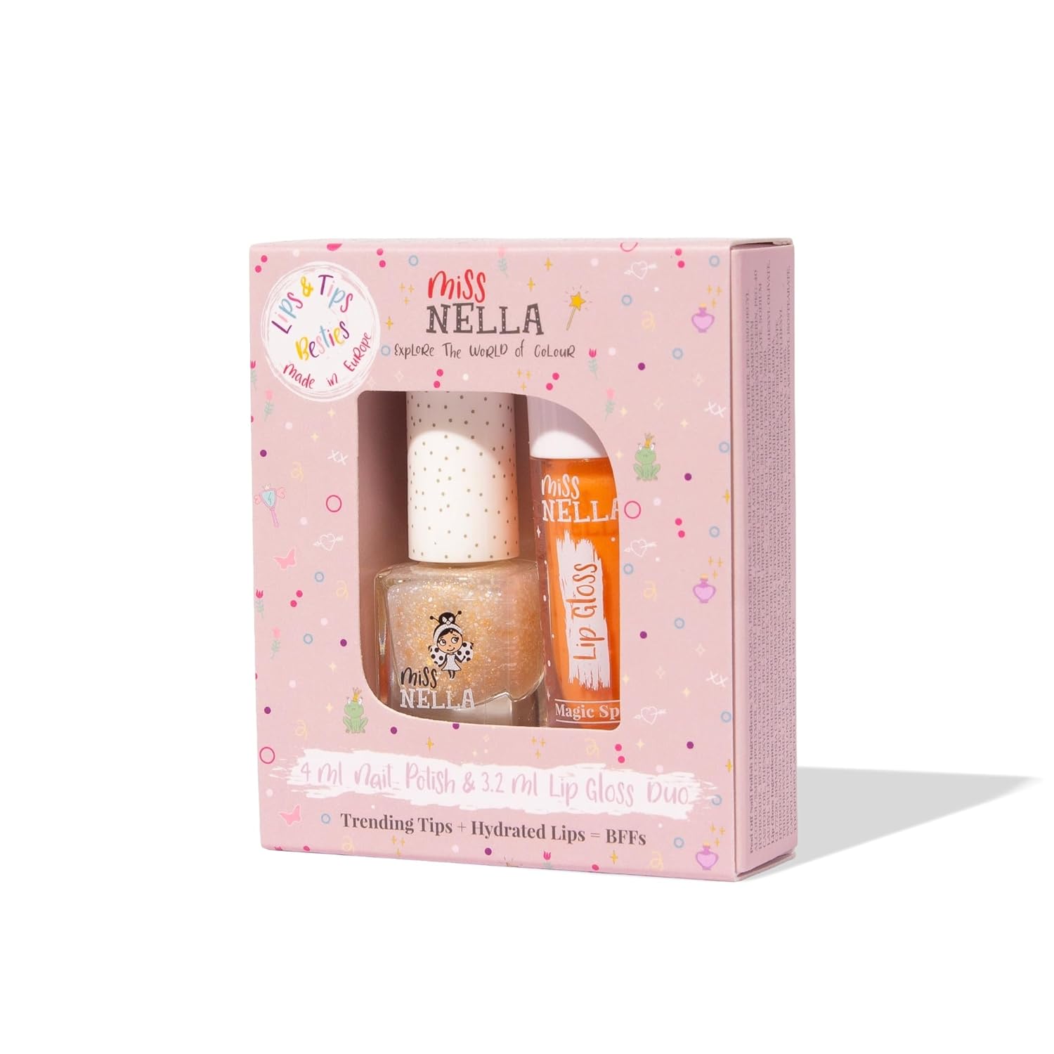 MISS NELLA Pink Secret Lips & Tips duo- Scented Lip Gloss + Glitter Nail Polish for Kids with Peel-off, Water Based & Odour Free Formula