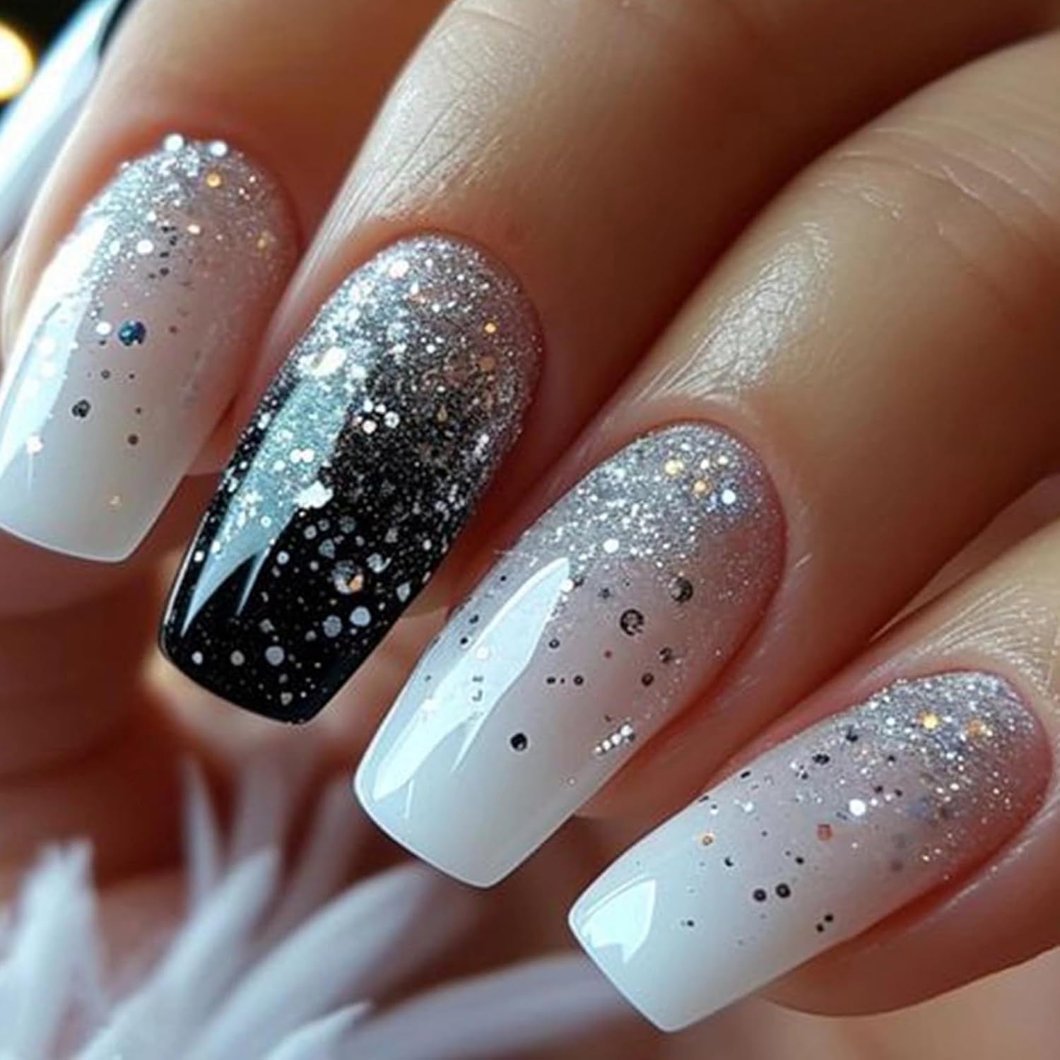 MISUD Coffin Press on Nails, Medium Length Fake Nails, Glossy Glue on Nails, Pink False Nails, Flame Artificial Nails, Full Cover Stick on Ballerina Acrylic Nails for Women 24pcs