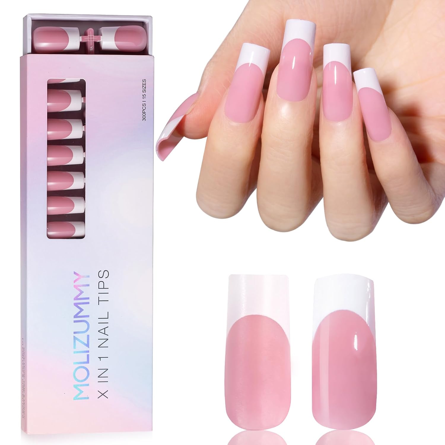 Molizummy French Gel Nail Tips, 300PCS French Press on Nails, 3 in 1 Black Long Square Tips X-coat Tips Pre-applied Tip Primer & Base Coat, No Need to File Fake Nails for Nail Art DIY 15 Sizes