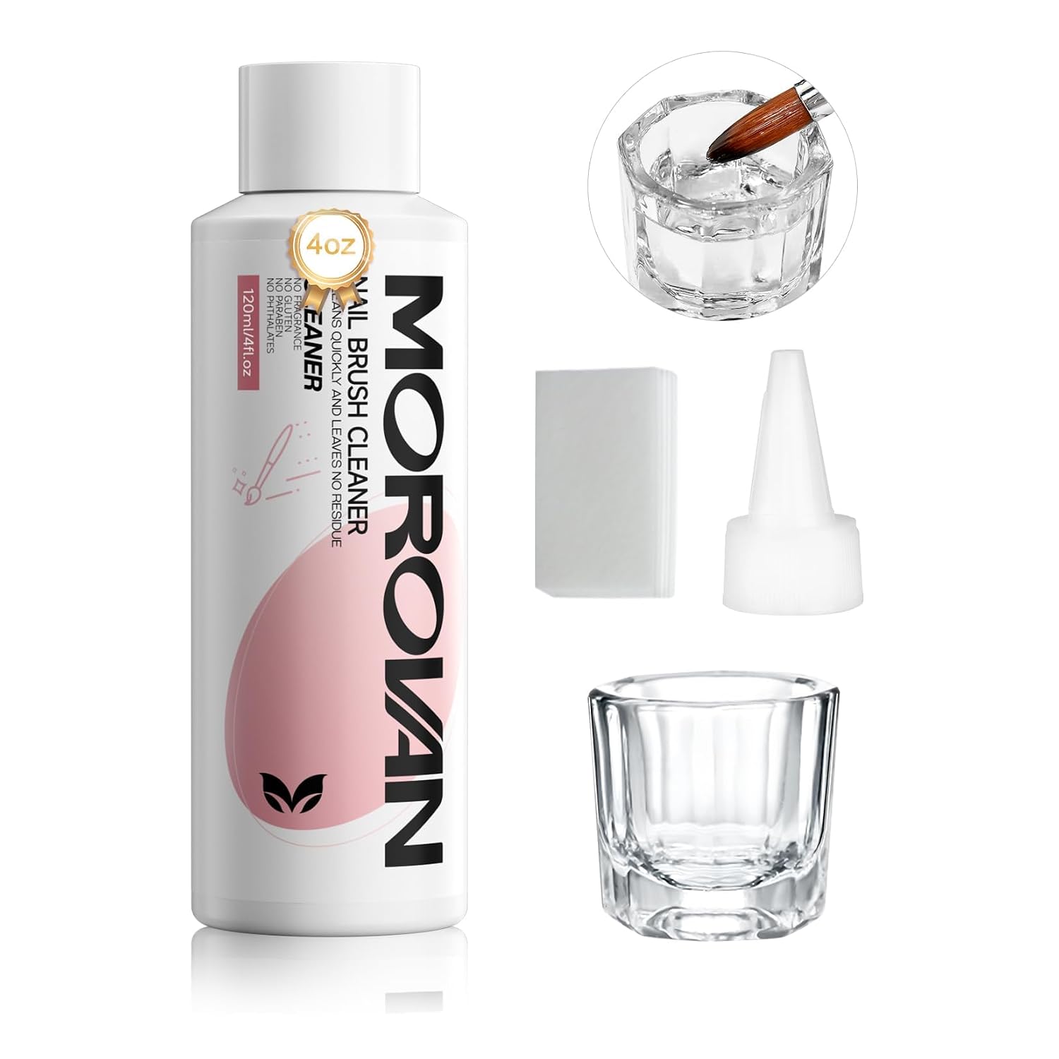 Morovan Nail Brush Cleaner Kit: Acrylic Nail Brush Cleaner 4oz Nails Solution with Glass Cup Cotton Pad for Builder Gel Brush Acrylic Powder Brush Gel Polish Brush Oil Brush Cleaner