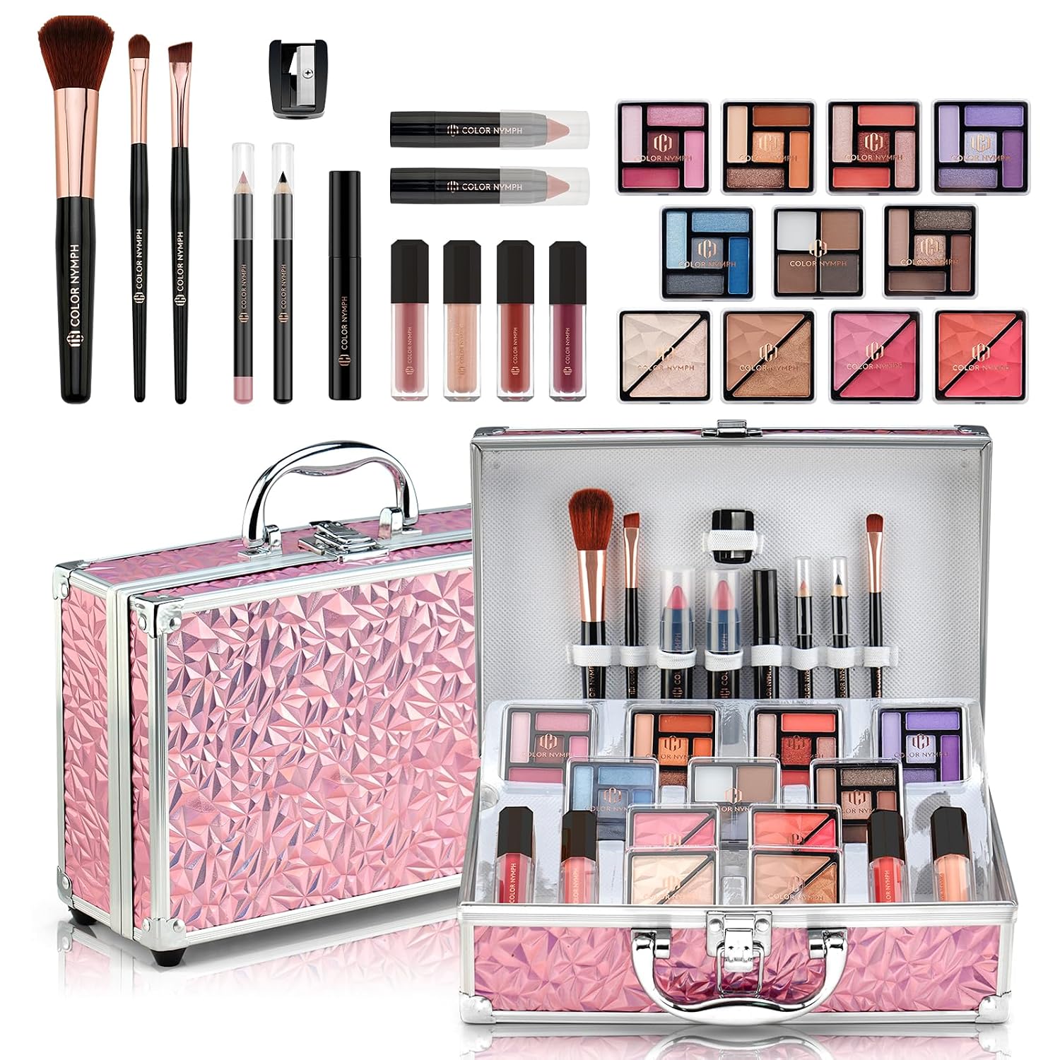 Nymph Pink Starter Makeup Kit for Tweens and Women with Train Case and Brushes
