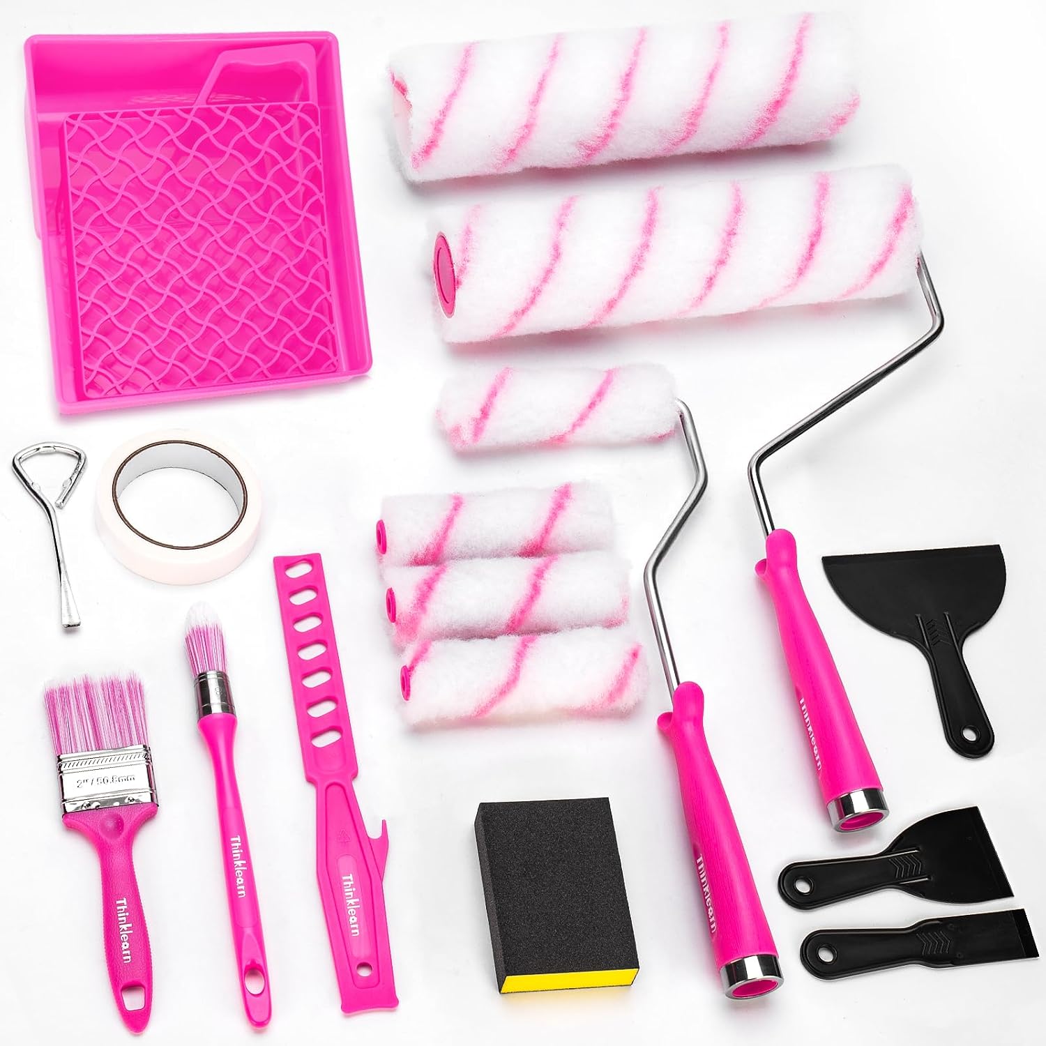 Paint Roller Kit, Pink Paint Brushes Kit with Paint Tray, 4 & 9 inch Paint Roller Frame and Roller Covers for Painting Walls, Paint Supplies for Home Interior (24Pcs)