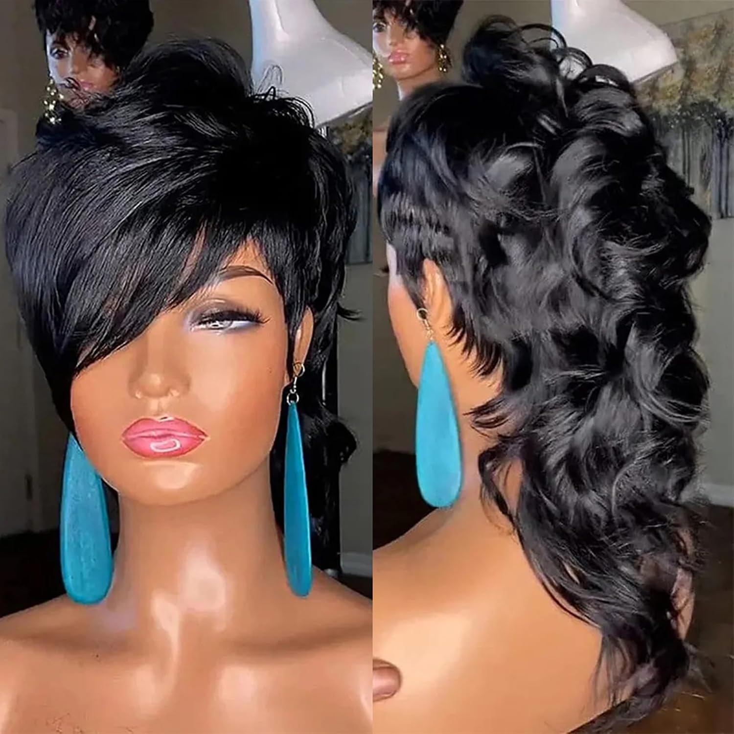 PangDongLai 80s90s Mullet Wig Human Hair Wigs10A Pixie Cut Wig for Black Women Mullet 12inch Pixie Cut Wig for Women Pixie Curly Hair Wigs Glueless Full Machine Made Wig (Black Curly)