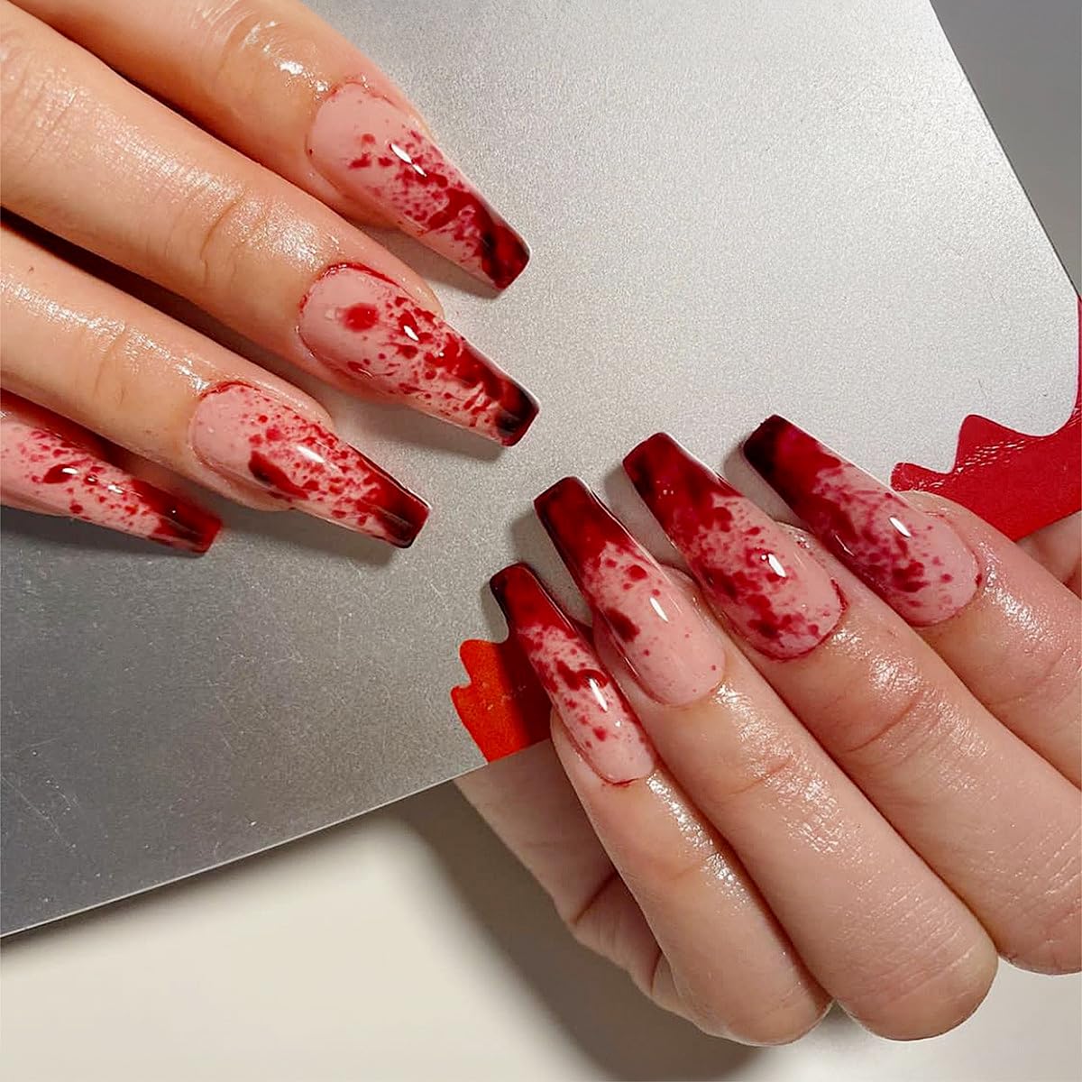 Press on Nails Halloween Fake Nails Extra Long Coffin Pink Nails with Blood Red Drop Style Designs Stick on Nails French Artificial DIY Manicure for Women and Girls 24 Pcs
