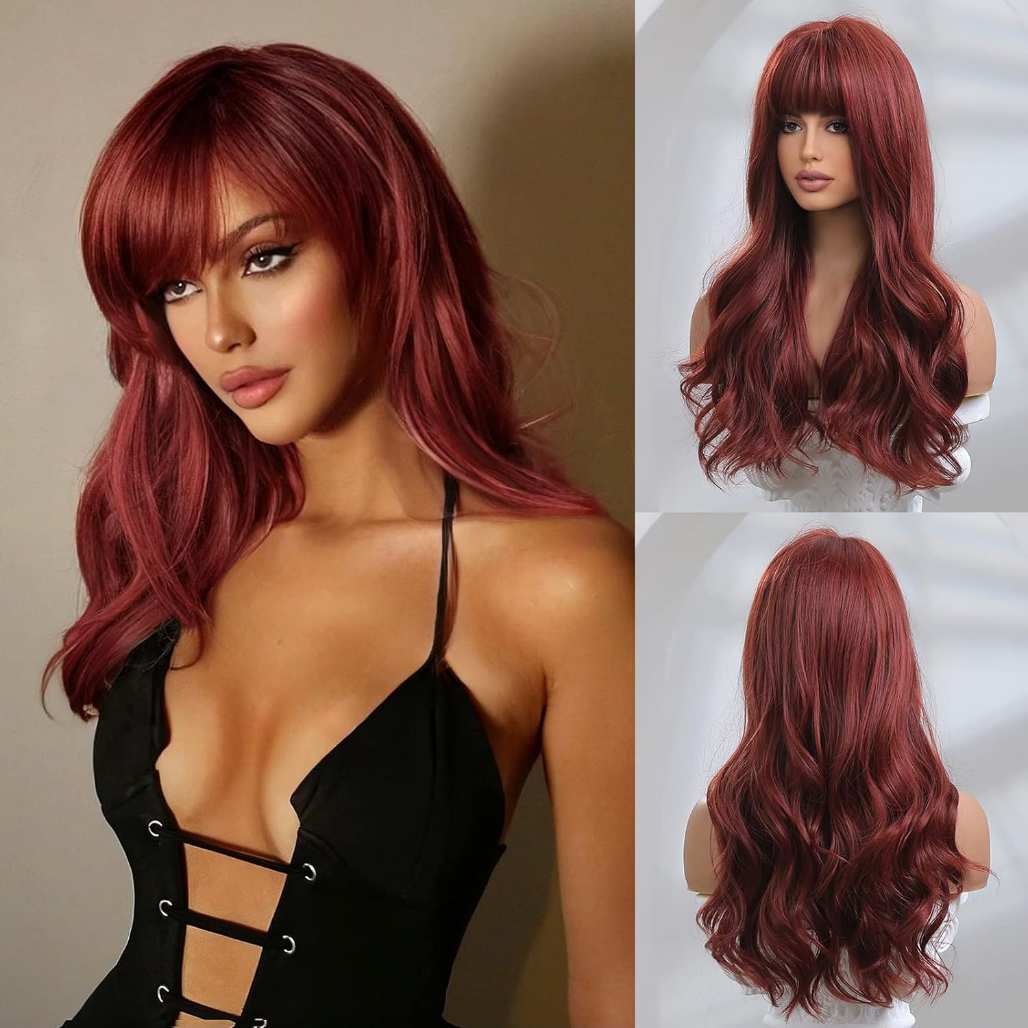 Red Wigs for Women Burgundy Wigs with Bangs Wavy Dark Red Wig Wine Red Wigs Long Wave Realistic Natural Hair Wig Heat Resistant Glueless Wigs for Party Christmas Cosplay Use