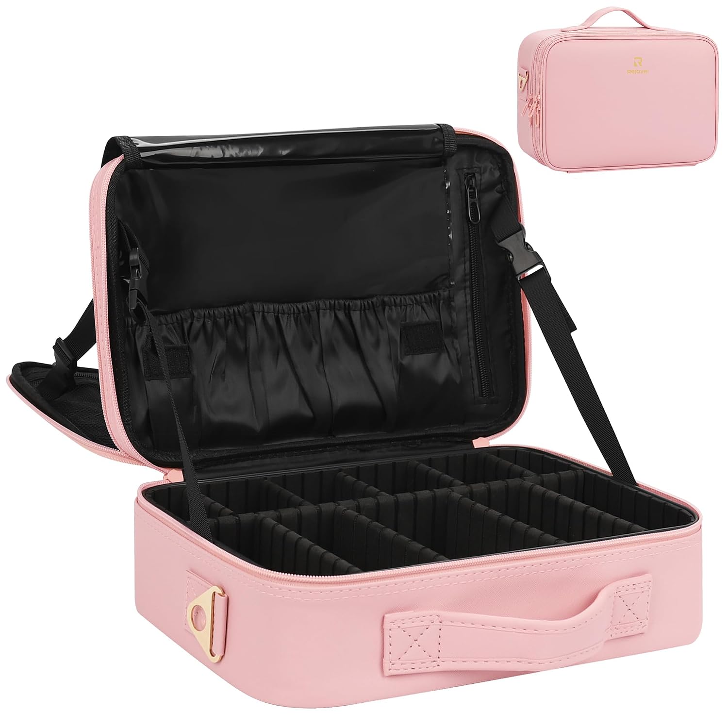 Relavel Makeup Bag Travel Makeup Train Case 13.8 inches Large Cosmetic Case Professional Portable Makeup Brush Holder Organizer and Storage with Adjustable Dividers and Shoulder Strap Black