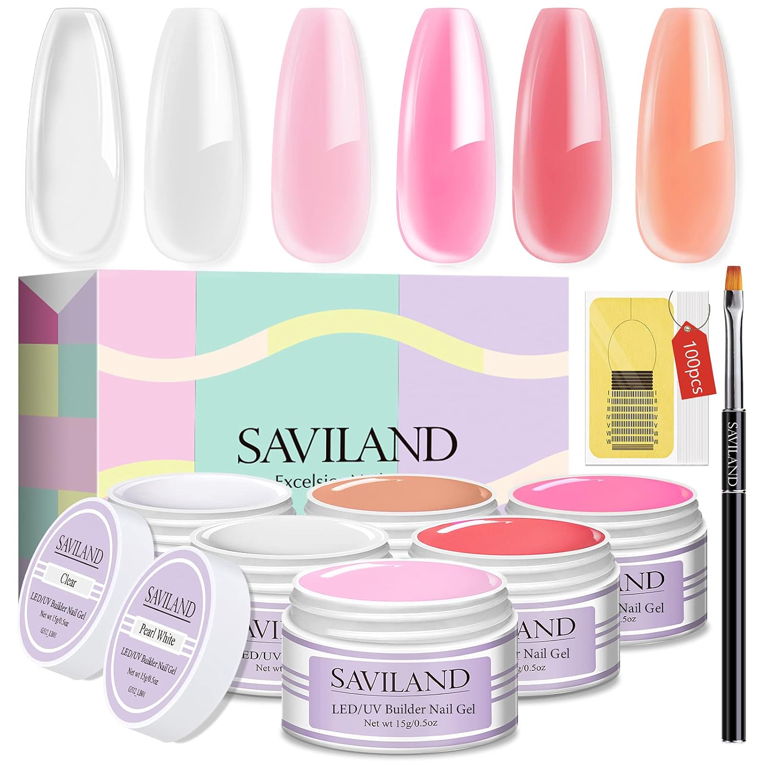 SAVILAND 5-in-1 Builder Nail Gel - 6 Colors 7.5ML Builder Nail Gel Clear White Pink Nudes Nail Extension Kit Hard Gel for Nails Gift Box Set for Ladies Girls