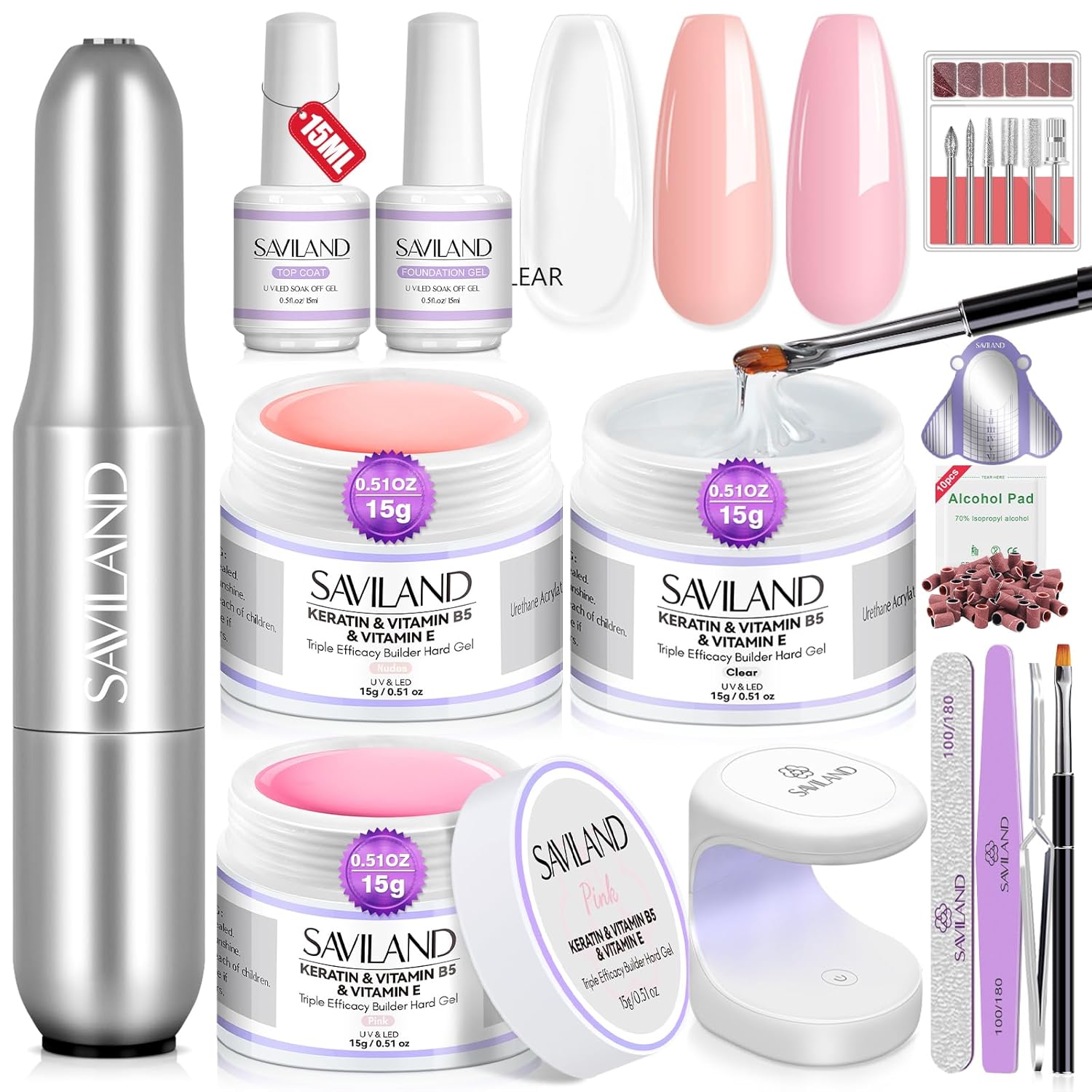 SAVILAND Builder Nail Gel Kit – 3PCS 3.53oz Large Capacity Clear&Light Pink&Milky White Hard Gel for Nails Kit with Gel Nail Brush Soak-off U V Nail Gel for Nail Extension&Repair for Salon