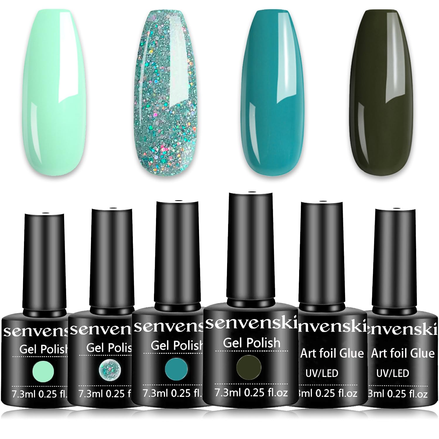 senvenski Nail Foil Glue Gel, Teal Gel Nail Polish Blue Glitter Mint Olive Army Aqua Green Emerald Turquoise Gift Set UV LED Art Varnish Kit