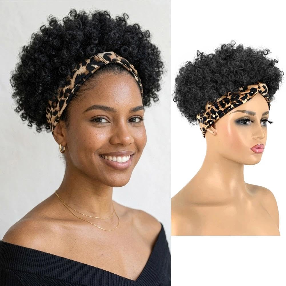 Short Wigs for Black Women Afro Wigs for Black Women Headband Wig with Headbands Attached Kinky Curly Pineapple Wig
