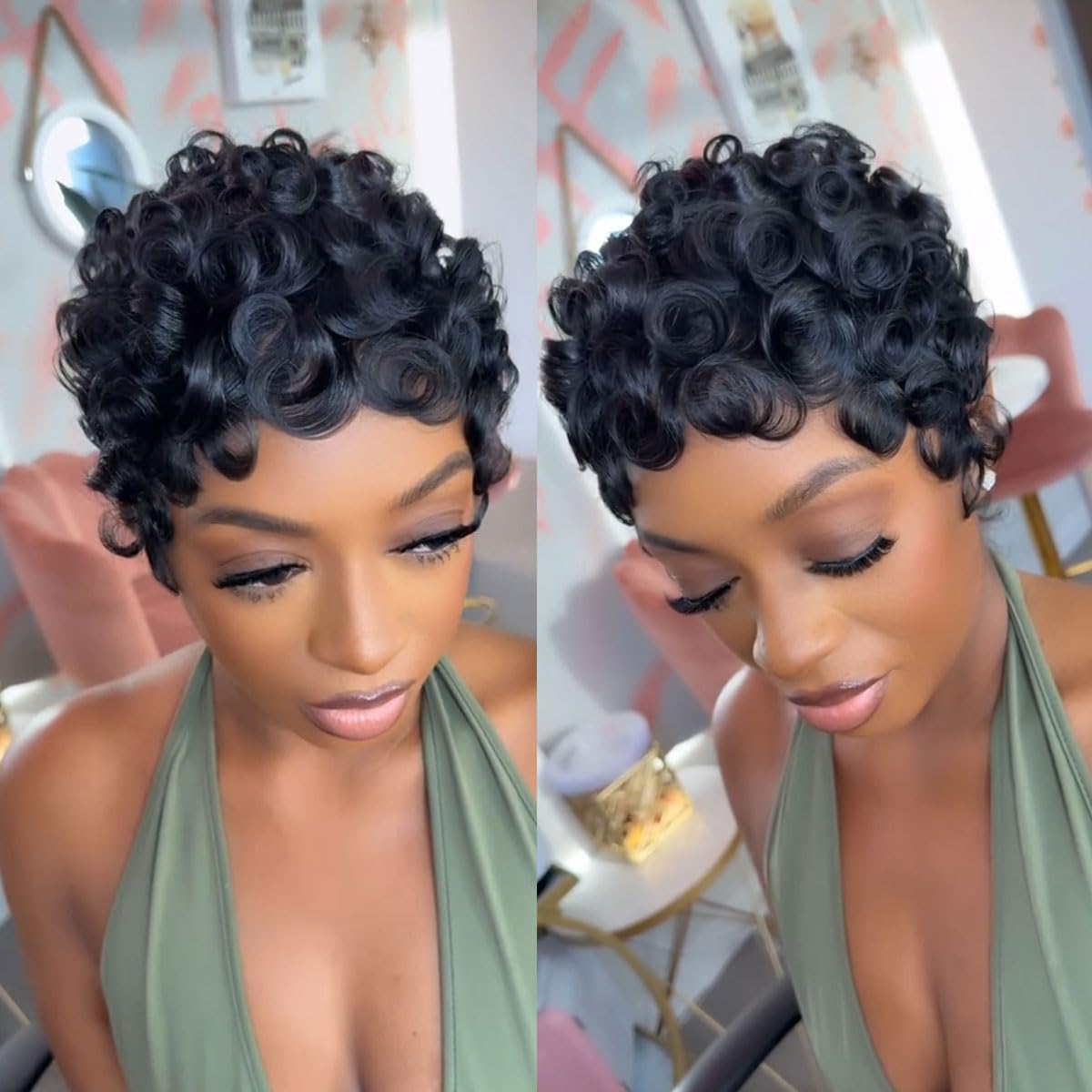Short Wigs for Black Women Pixie Cut Black Wig with Bangs 1B Color Natural Fashion Synthetic Wigs with Cap for Party Daily WIG286