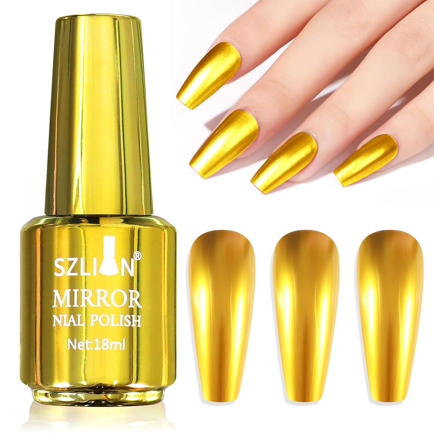 SIUSIO 18ml Mirror Nail Polish, Bright Colorful Metallic Nail Polish for Nail Art, Longlasting Mirror Effect Nail Glue, Gorgeous Reflective Manicure Nail Lacquers, 0.61 fl oz-Gold