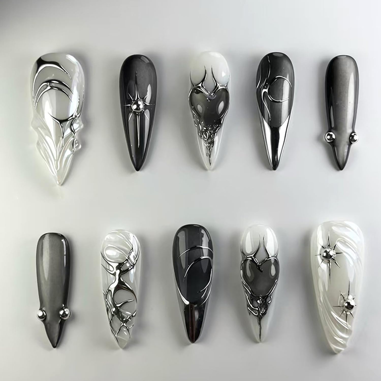 Sparkling Black and Silver Acrylic Nails Set, 24 Pieces, Professional Nail Art