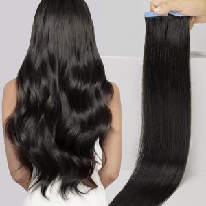 Tape in Hair Extenions Human Hair Natural Black Remy Human Hair Extensions Tape in 16 Inch Straight Seamless Skin Weft Tape Hair Extensions 50g 20Pcs