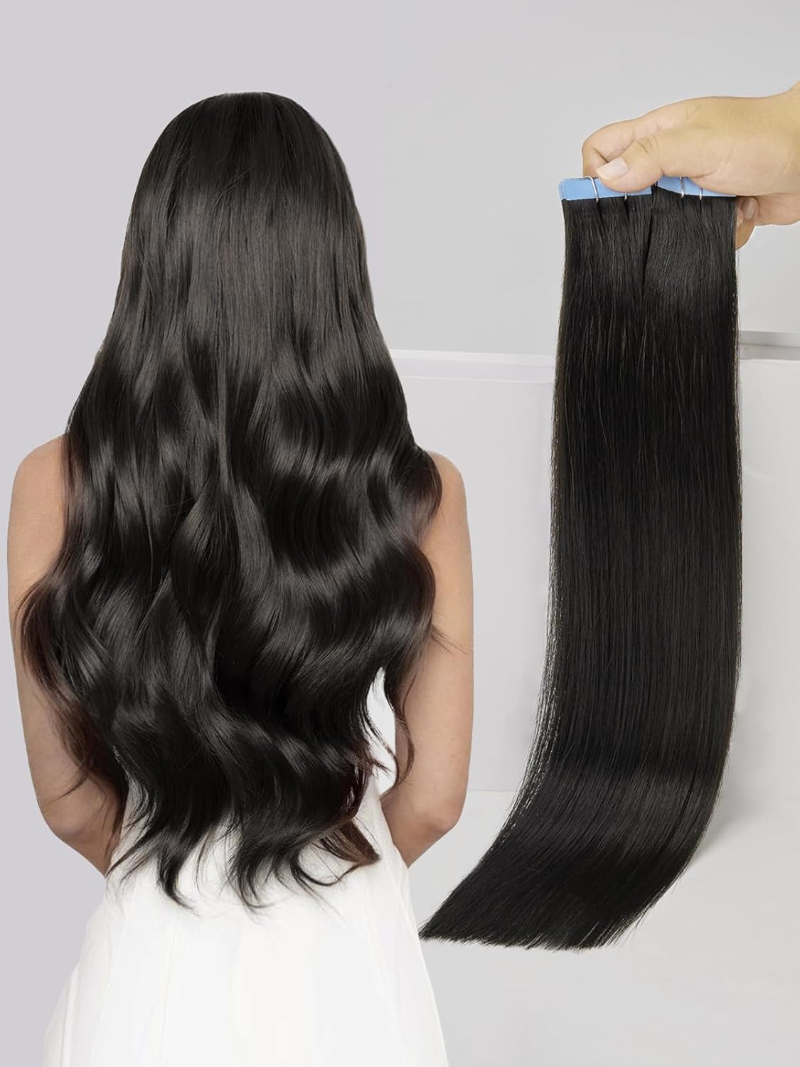 Tape in Hair Extenions Human Hair Natural Black Remy Human Hair Extensions Tape in 16 Inch Straight Seamless Skin Weft Tape Hair Extensions 50g 20Pcs