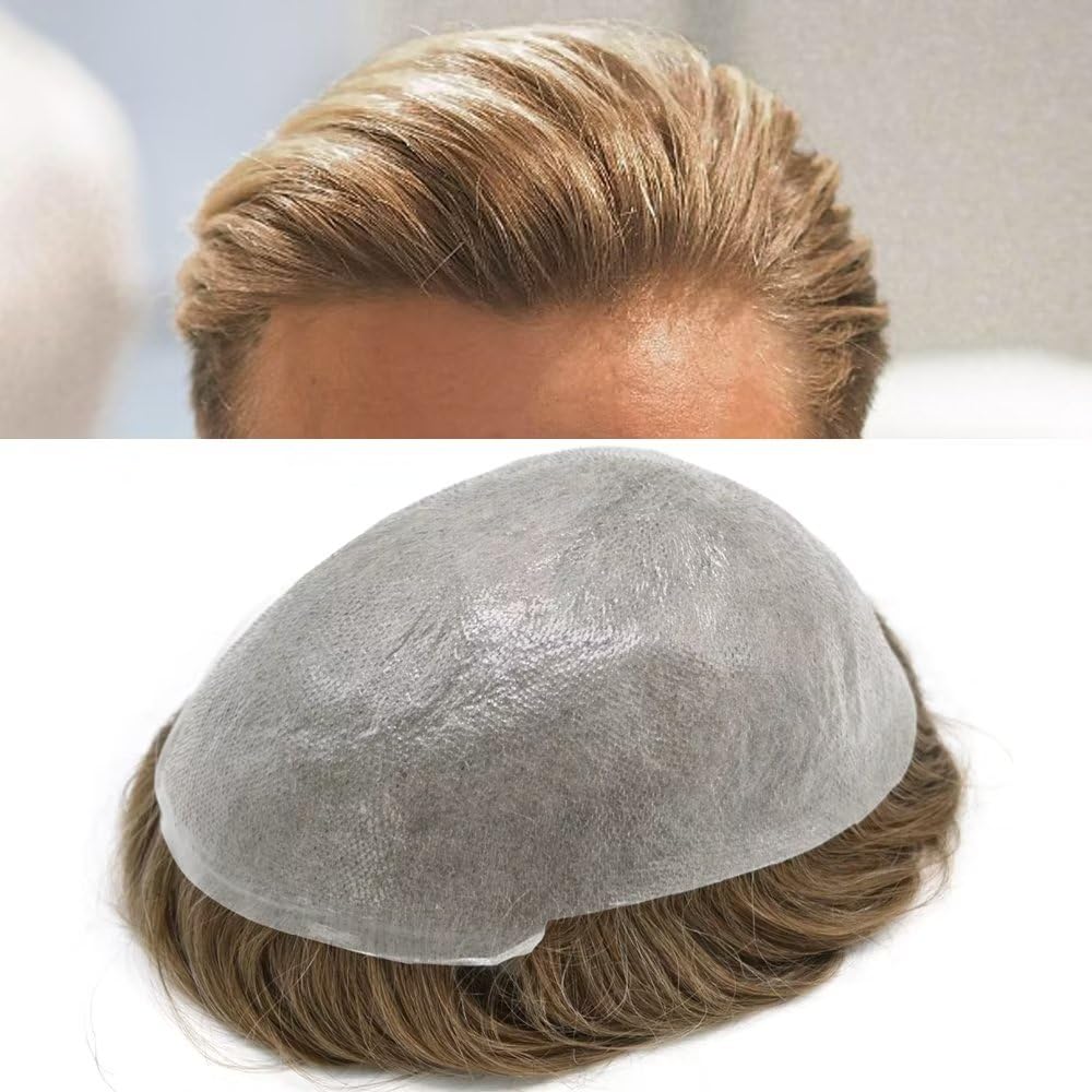 Toupee for men human hair replacement system Ultra Thin Skin mens hairpiece 0.04mm All V-loop Durable pu wig hair piece unit for men(8"x10", 2 Darkest Brown-90% Light Density)