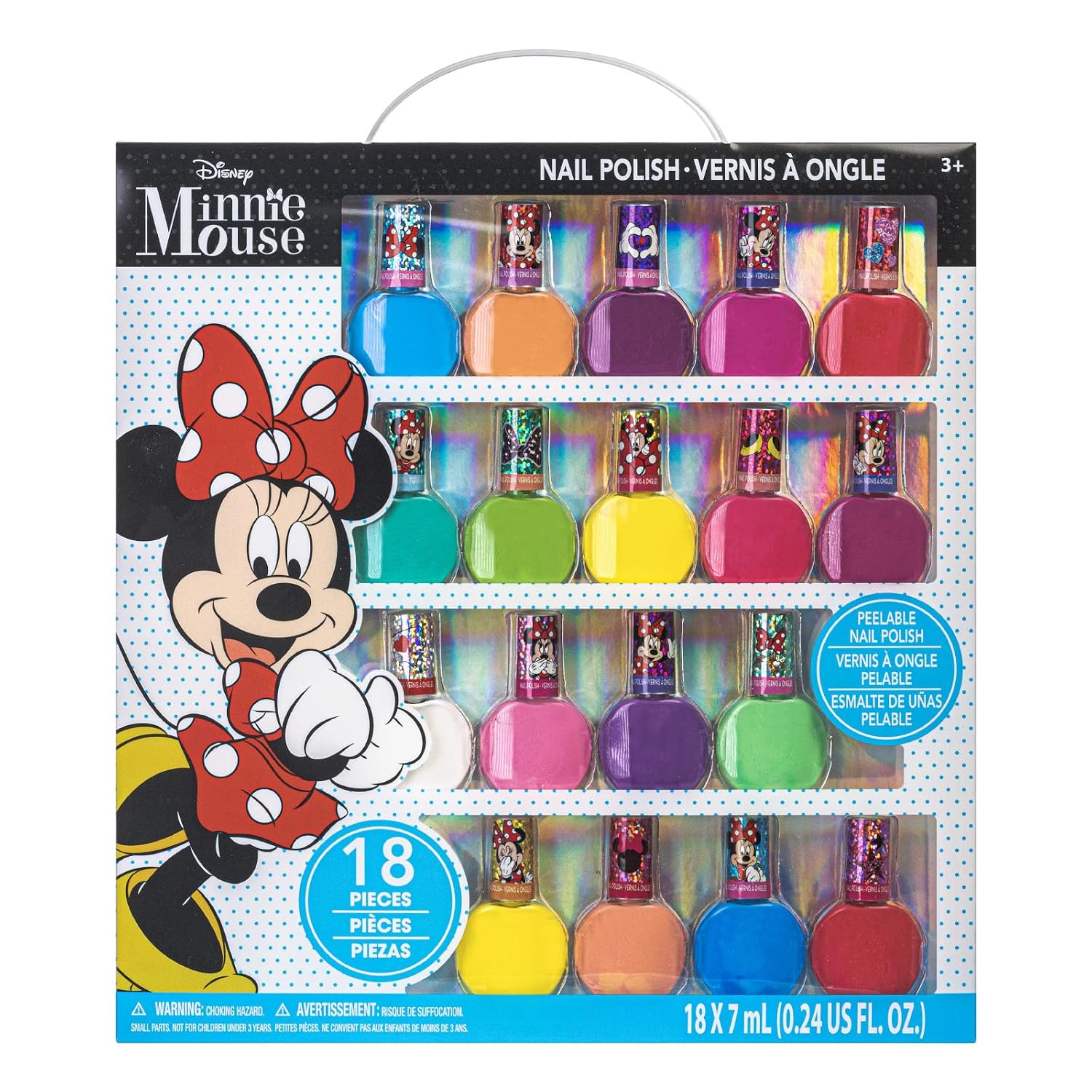Townley Girl Disney Minnie Mouse Non-Toxic Peel-Off Nail Polish Set for Girls, Glittery and Opaque Colors,18 Pcs|Perfect for Parties Sleepovers Makeovers| Birthday Gift for Girls 3 Yrs+