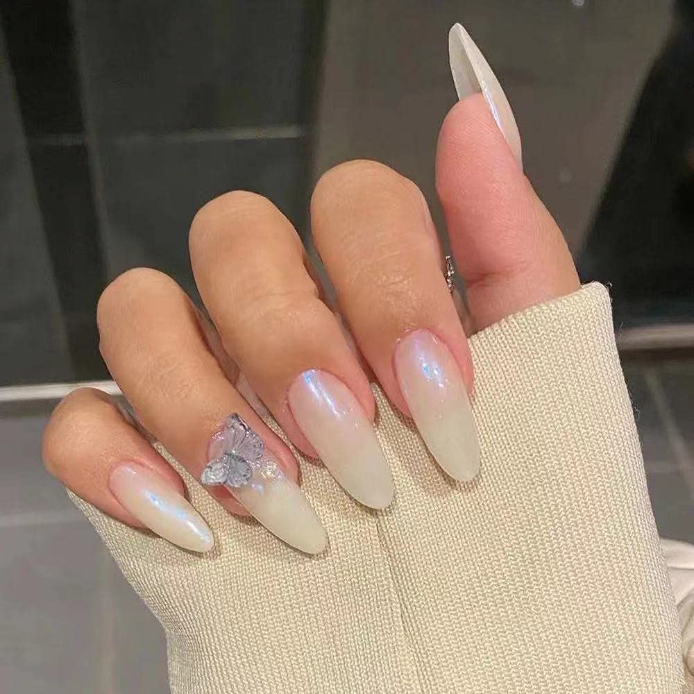 Valentines Long Coffin Cat Eye Press on Nails with Rhinestones and Butterflies, 24 Pcs