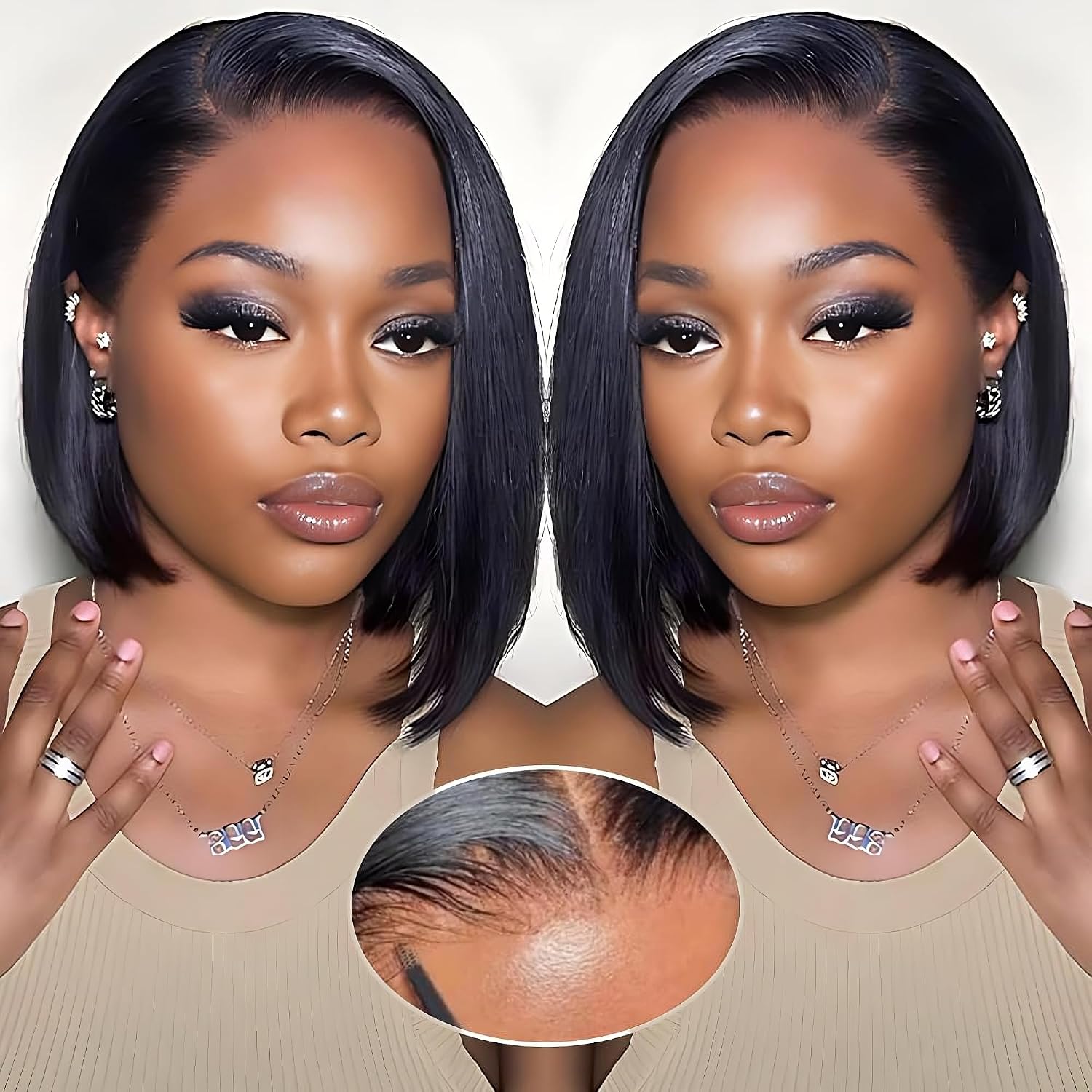 Wear And Go Glueless Wigs Human Hair Pre Plucked 200% Density Bob Wig Human Hair 5x5 Straight Lace Front Wigs for Women (12 Inch, Straight Natural Color)