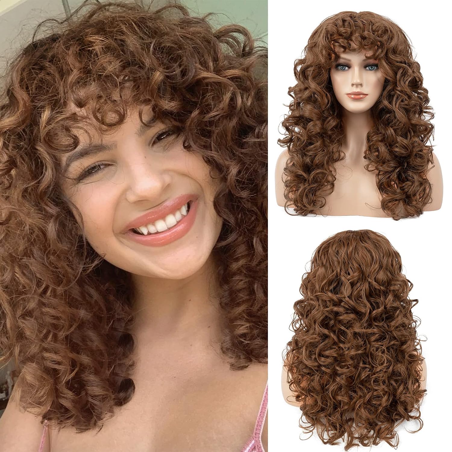 Wig Female Long Curly Wig Golden Brown Gradient Color with Bangs Atural Wavy Wig for Daily Halloween Party Cosplay Chemical Fiber Hair Easy To Wear