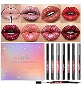 evpct 7Pcs Pink Red Glitter Matte Lip Liner and Liquid Lipstick Set Kit Long Lasting, Matte to Li...