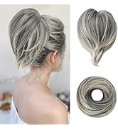 BARSDAR Straight Hair Bun Extensions - Short Straight Ponytail Gray Hair Bun Extensions for Women...