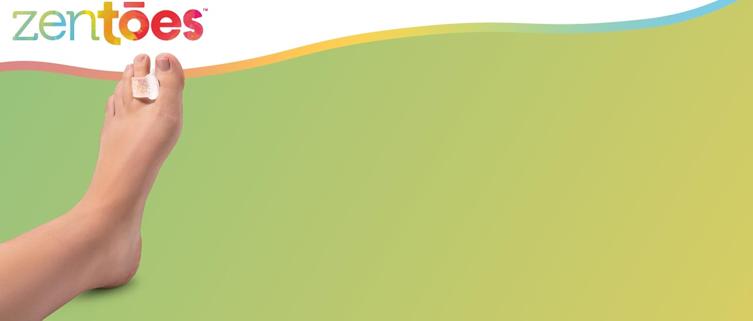 ZenToes rainbow logo with green background showing foot with clear glitter gel bunion corrector